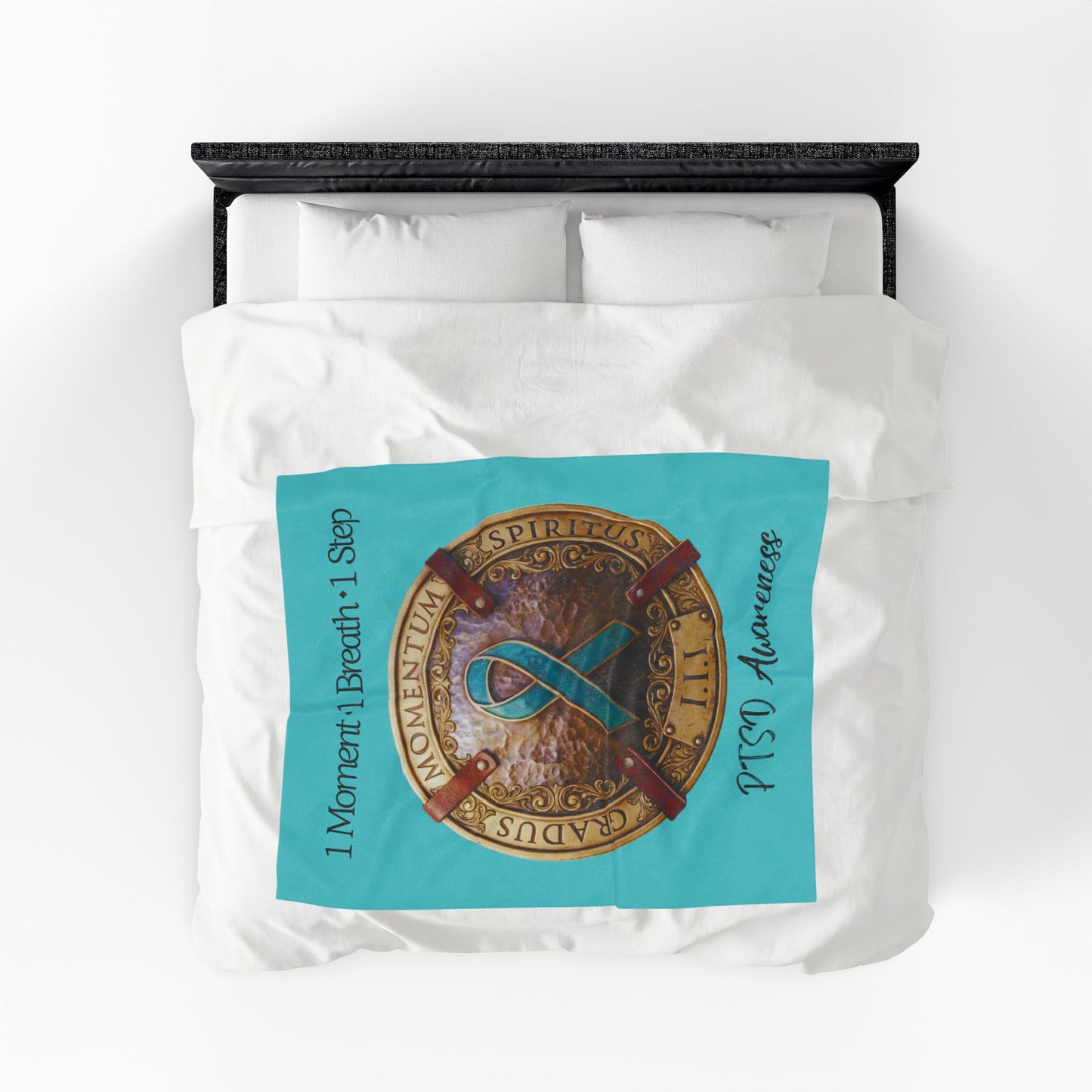 Velveteen Plush Blanket: "1 Moment • 1 Breath • 1 Step" PTSD Awareness Teal Ribbon Comfort Throw