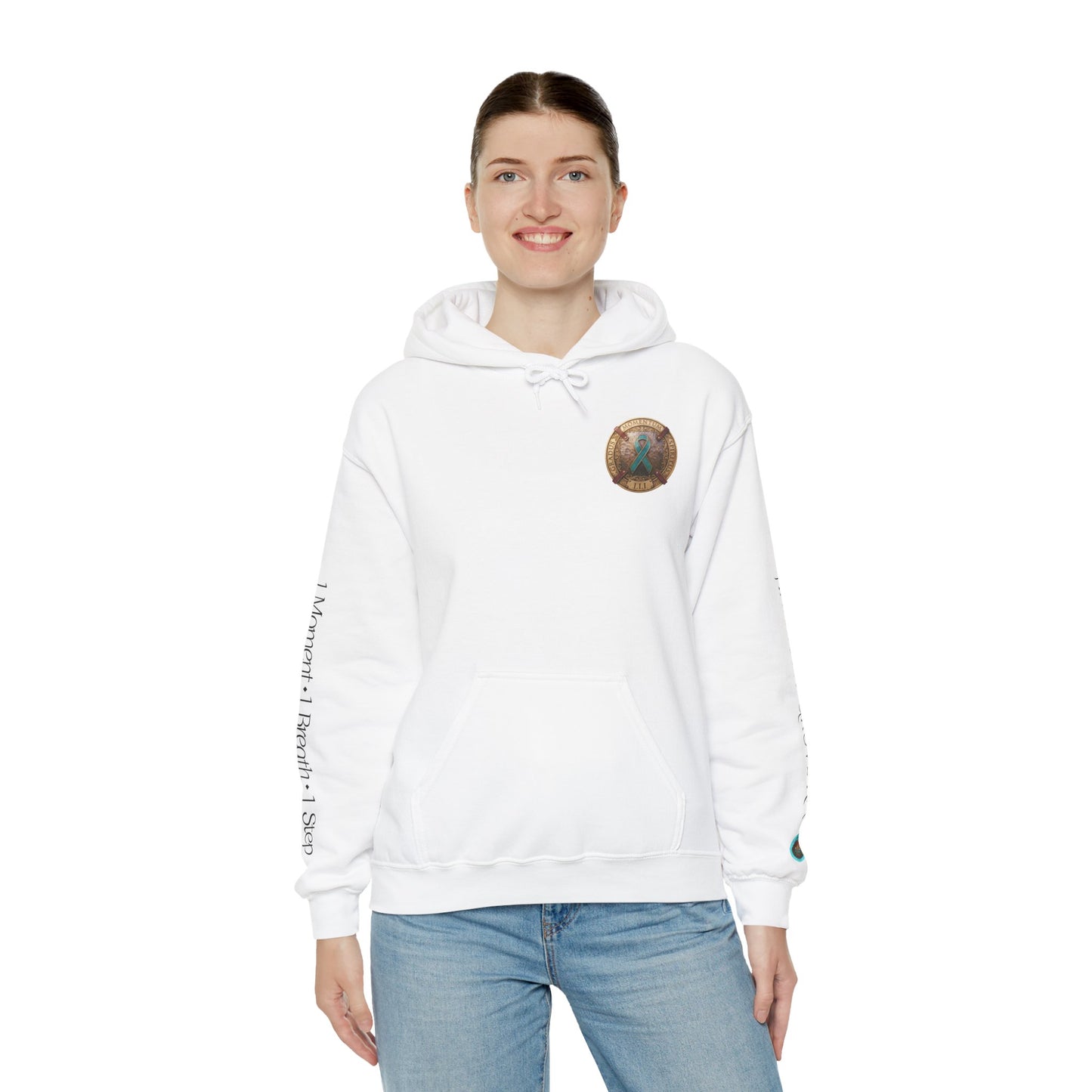 Pullover  Hoodie: "1 Momentum (Moment), 1 Spiritus (Breath), 1 Gradus (Step)" PTSD Awareness Teal Support Ribbon