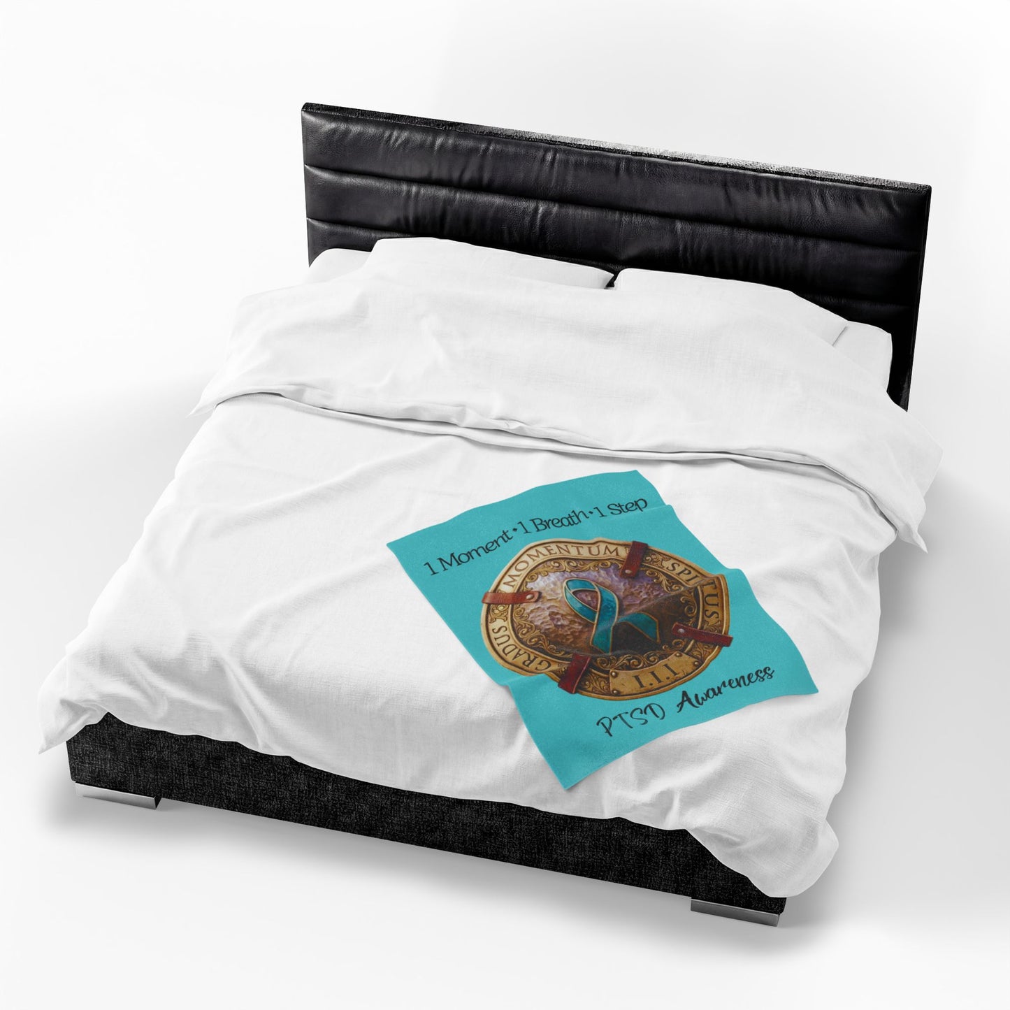 Velveteen Plush Blanket: "1 Moment • 1 Breath • 1 Step" PTSD Awareness Teal Ribbon Comfort Throw
