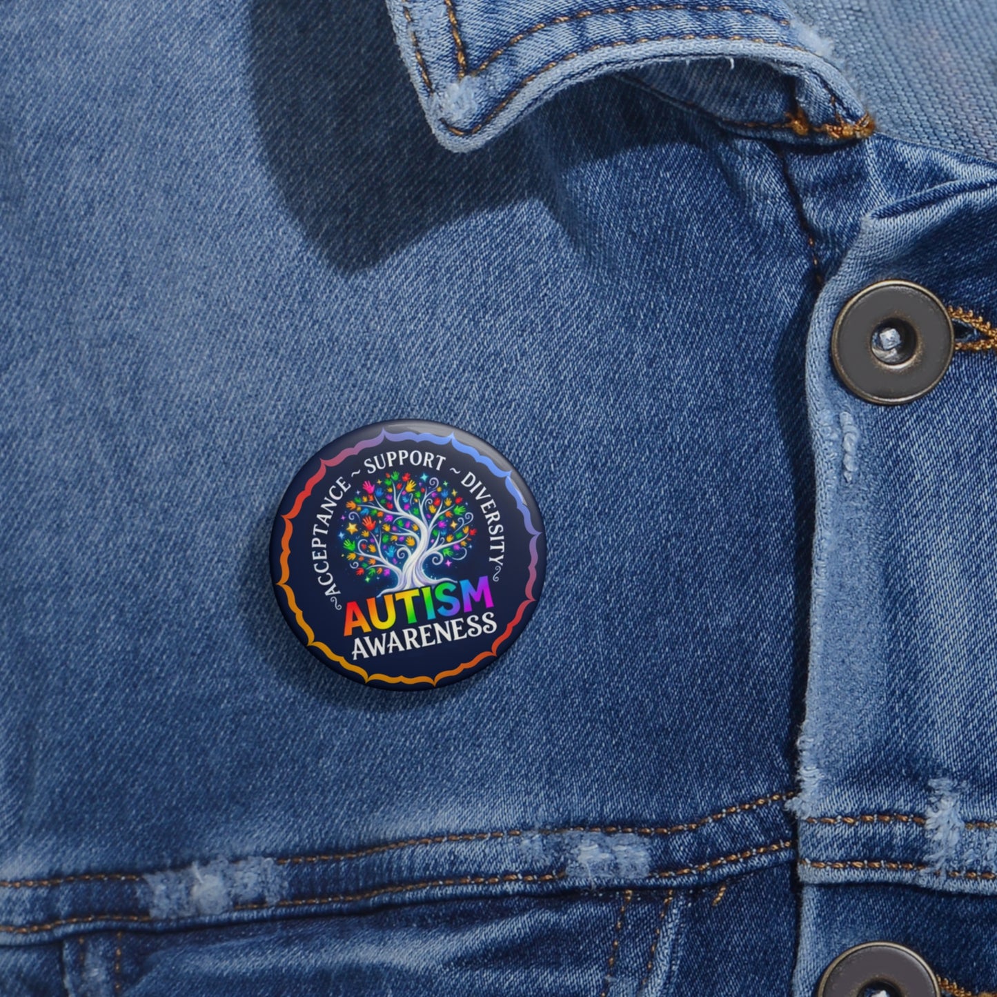 Pin Button: "Autism Awareness"  Rainbow Tree Acceptance & Diversity Badge