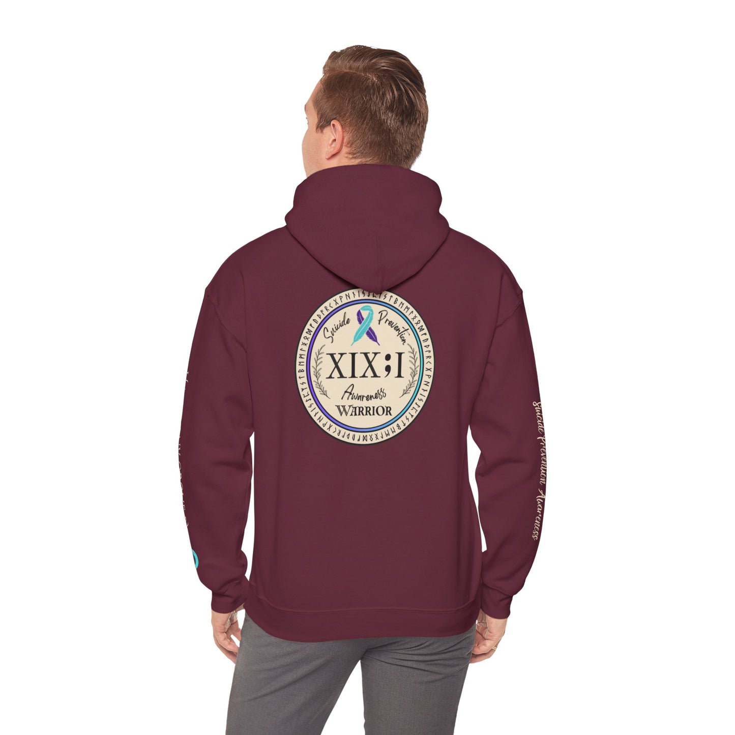 Pullover Hoodie: Suicide Awareness Warrior (XIX;I) Teal & Purple Support Ribbon
