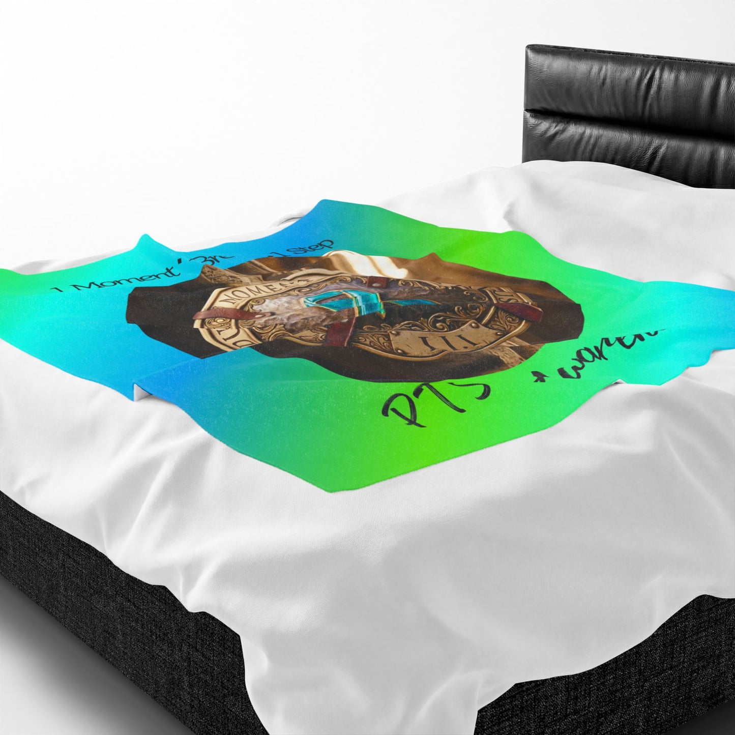 Velveteen Plush Blanket: "1 Moment • 1 Breath • 1 Step" PTSD Awareness Teal Ribbon Comfort Throw