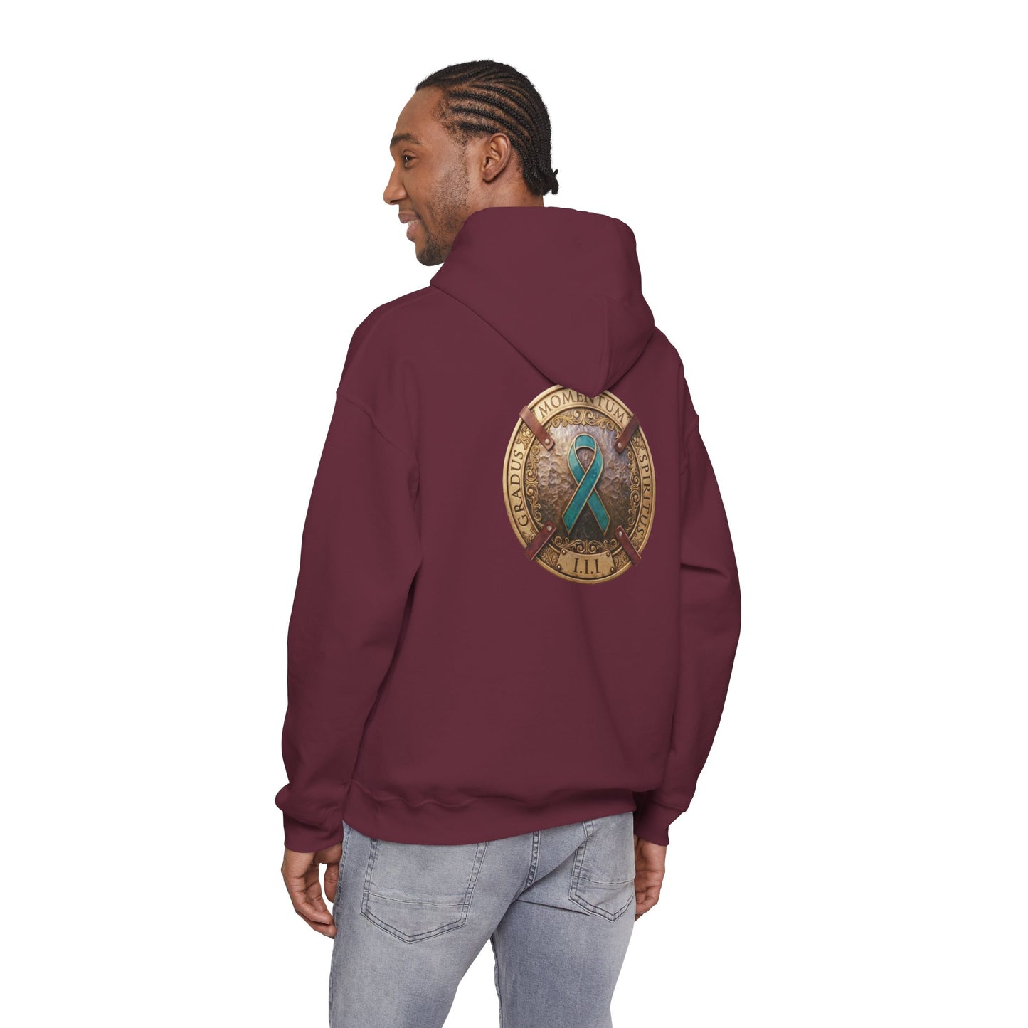 Pullover  Hoodie: "1 Momentum (Moment), 1 Spiritus (Breath), 1 Gradus (Step)" PTSD Awareness Teal Support Ribbon