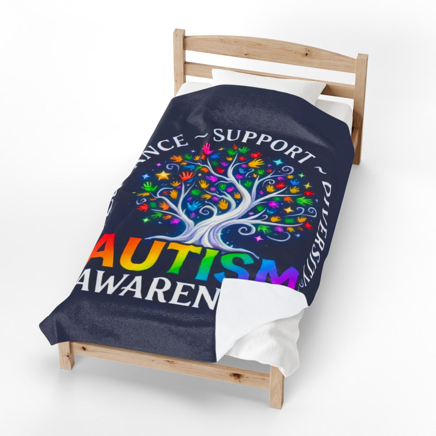 Autism Awareness Velveteen Plush Blanket "Acceptance • Support • Diversity" Rainbow Tree