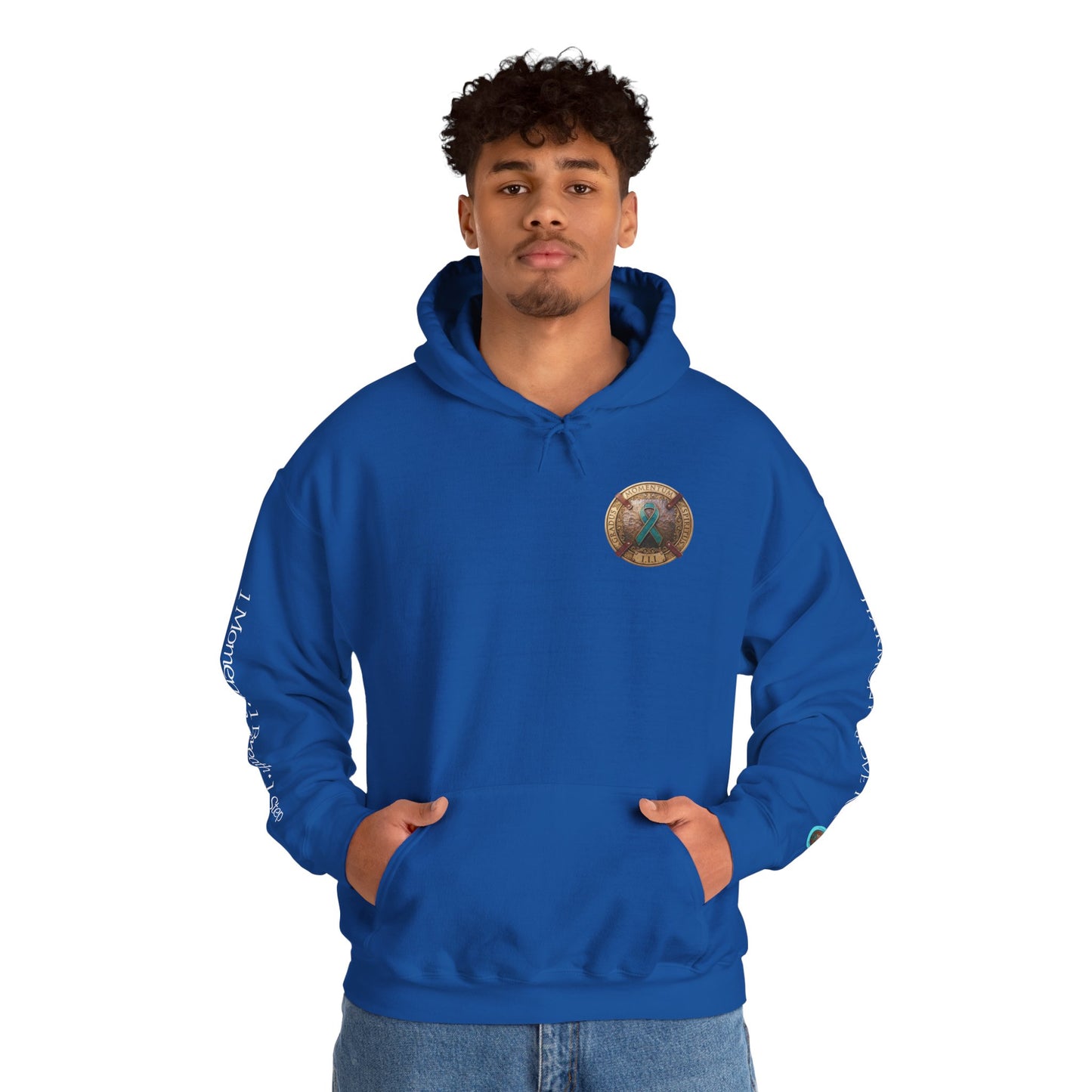 Pullover  Hoodie: "1 Momentum (Moment), 1 Spiritus (Breath), 1 Gradus (Step)" PTSD Awareness Teal Support Ribbon