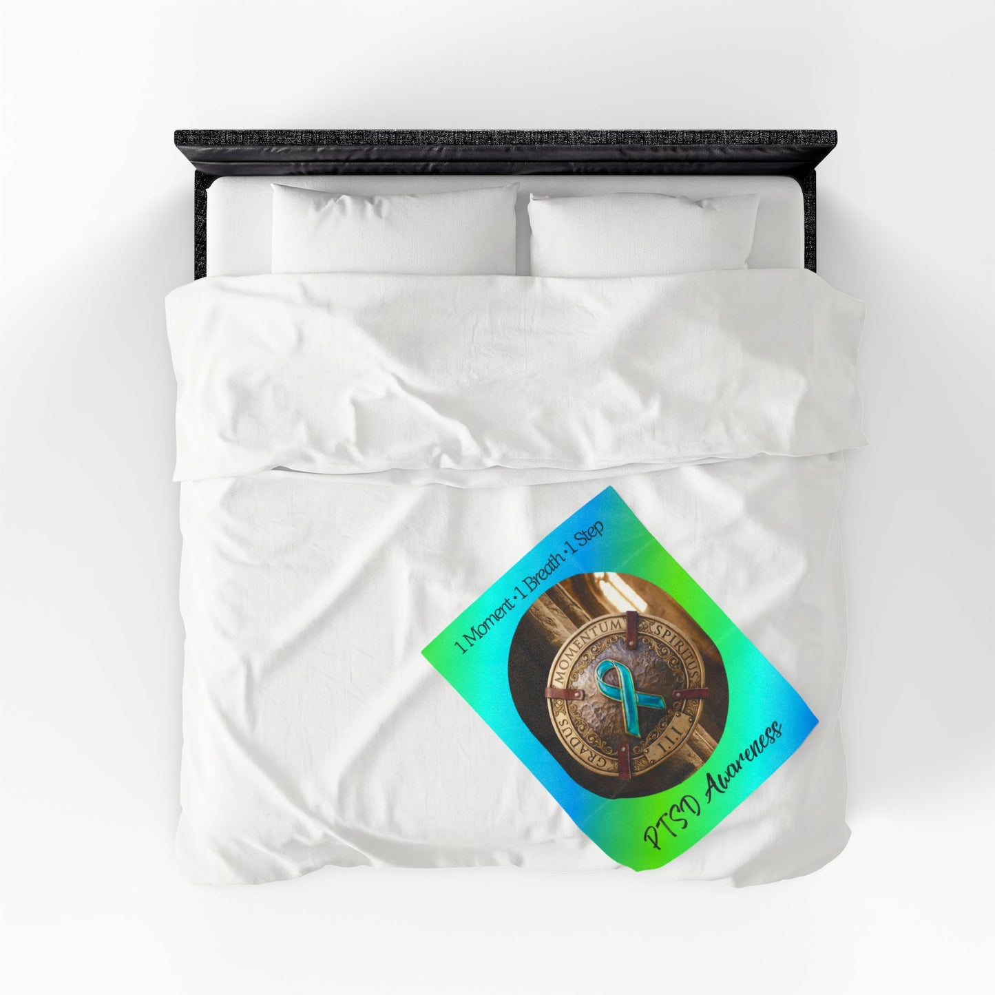 Velveteen Plush Blanket: "1 Moment • 1 Breath • 1 Step" PTSD Awareness Teal Ribbon Comfort Throw