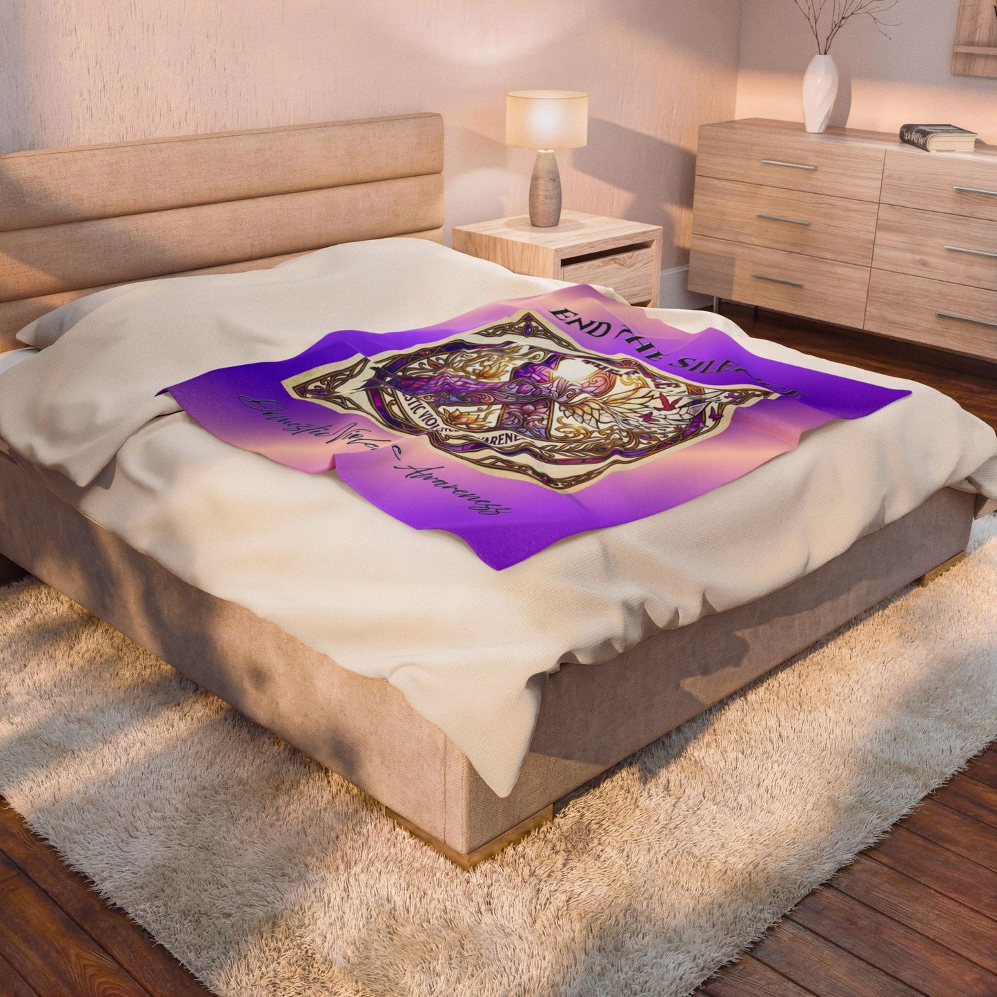 Velveteen Plush Blanket: "End The Silence" Domestic Violence Awareness Purple Support Ribbon