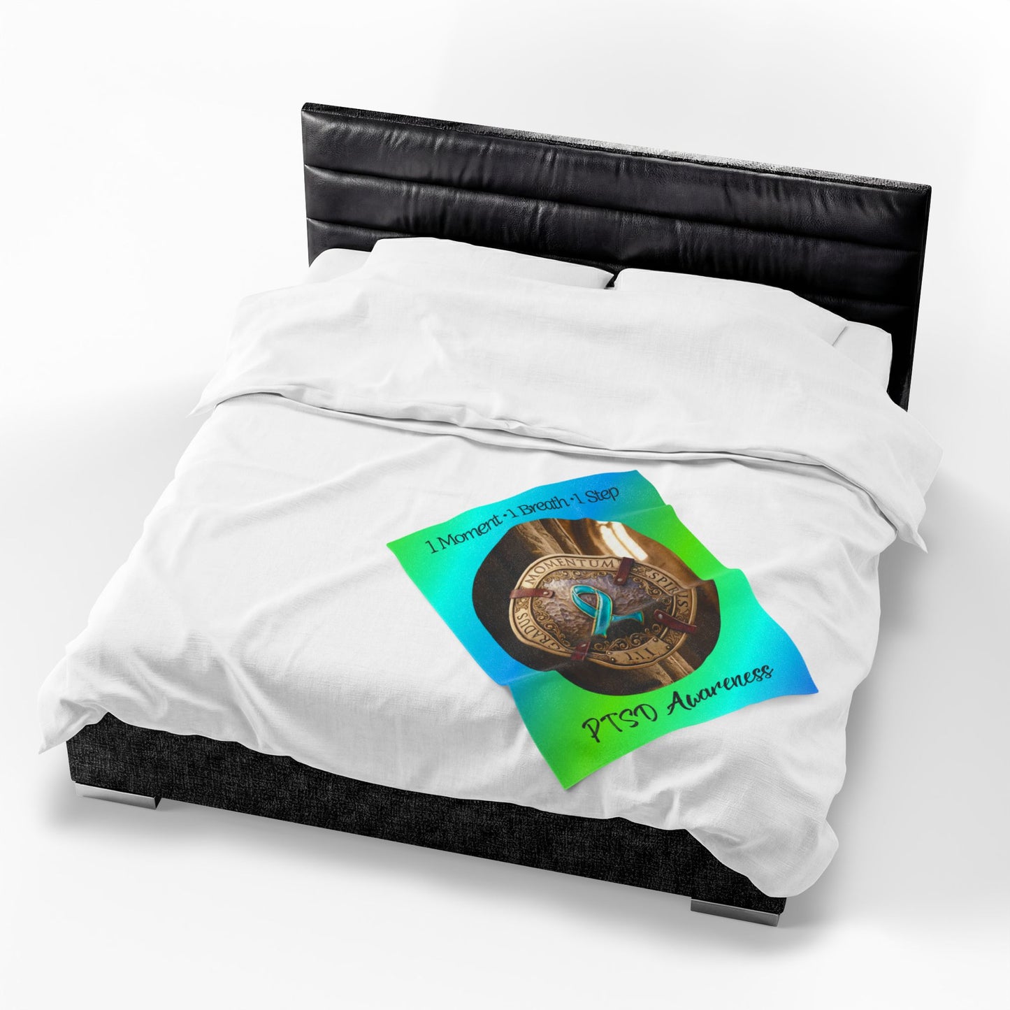 Velveteen Plush Blanket: "1 Moment • 1 Breath • 1 Step" PTSD Awareness Teal Ribbon Comfort Throw
