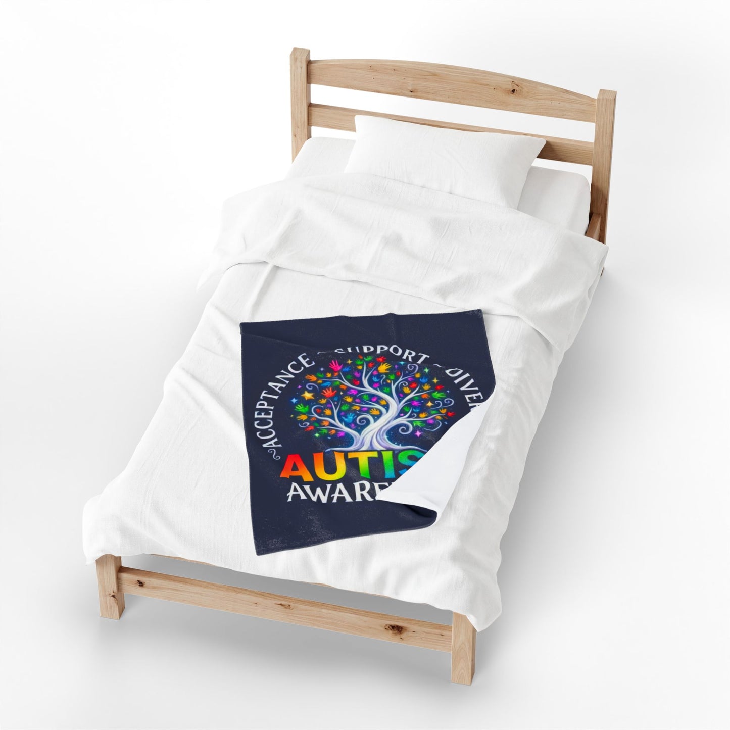 Autism Awareness Velveteen Plush Blanket "Acceptance • Support • Diversity" Rainbow Tree