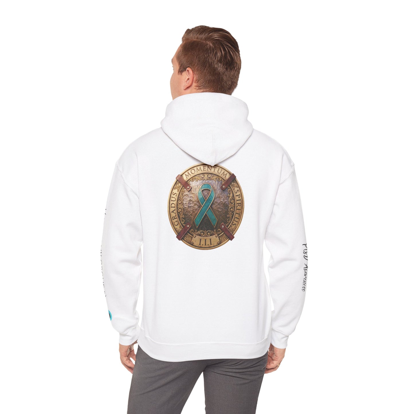 Pullover  Hoodie: "1 Momentum (Moment), 1 Spiritus (Breath), 1 Gradus (Step)" PTSD Awareness Teal Support Ribbon