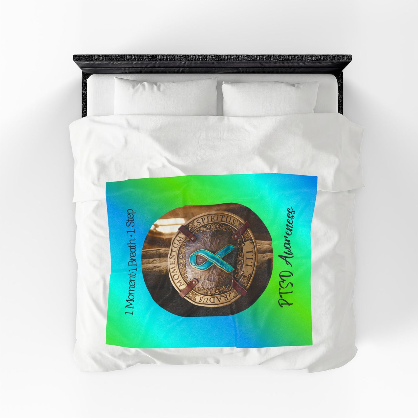 Velveteen Plush Blanket: "1 Moment • 1 Breath • 1 Step" PTSD Awareness Teal Ribbon Comfort Throw