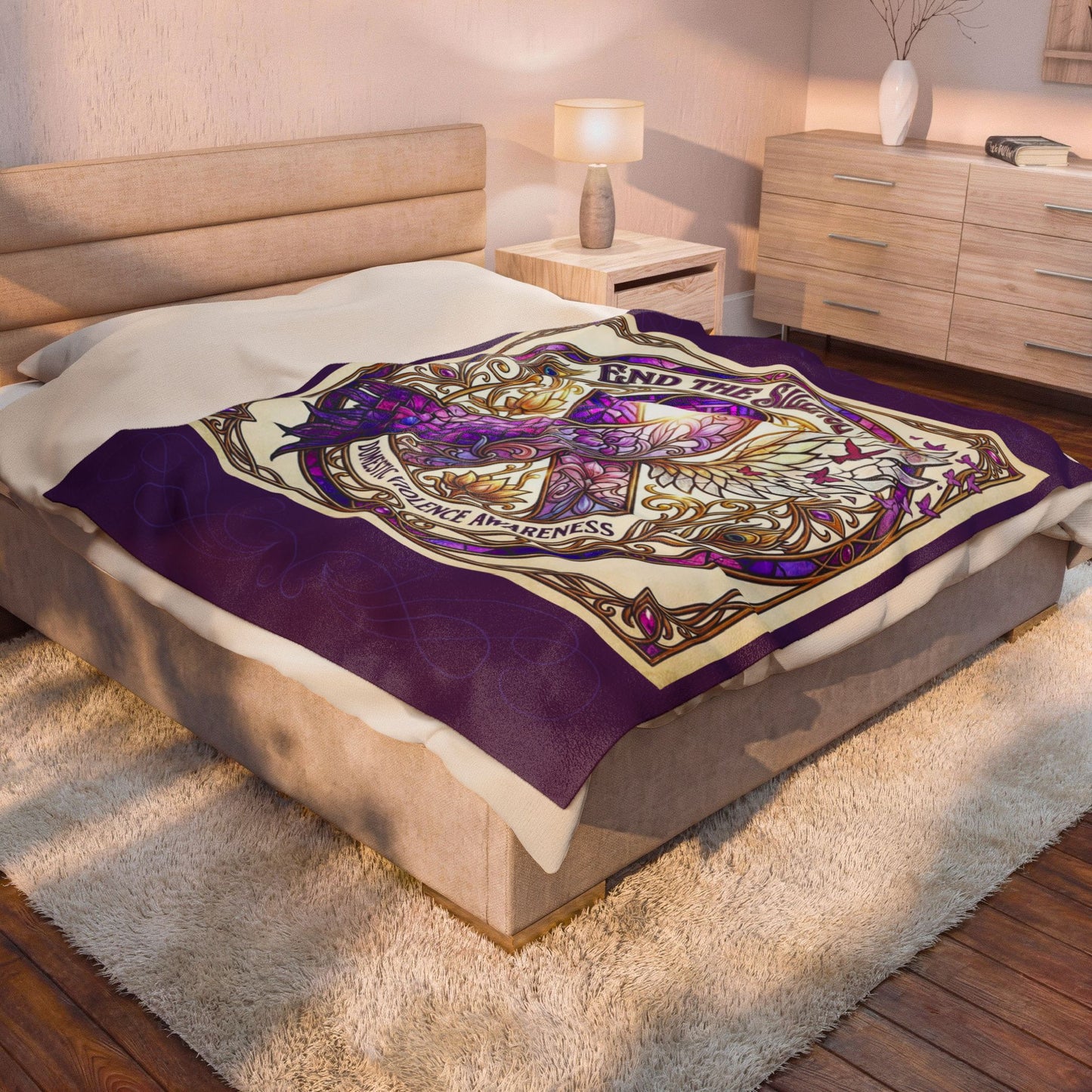 Domestic Violence Awareness Velveteen Plush Blanket:"End the Silence" Purple Ribbon Throw