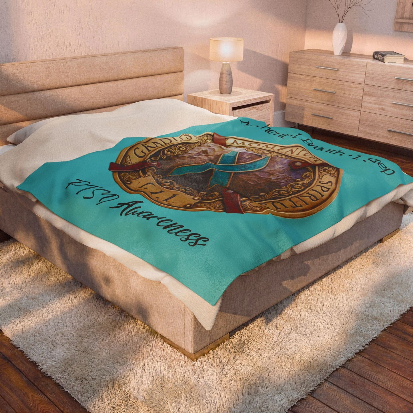 Velveteen Plush Blanket: "1 Moment • 1 Breath • 1 Step" PTSD Awareness Teal Ribbon Comfort Throw
