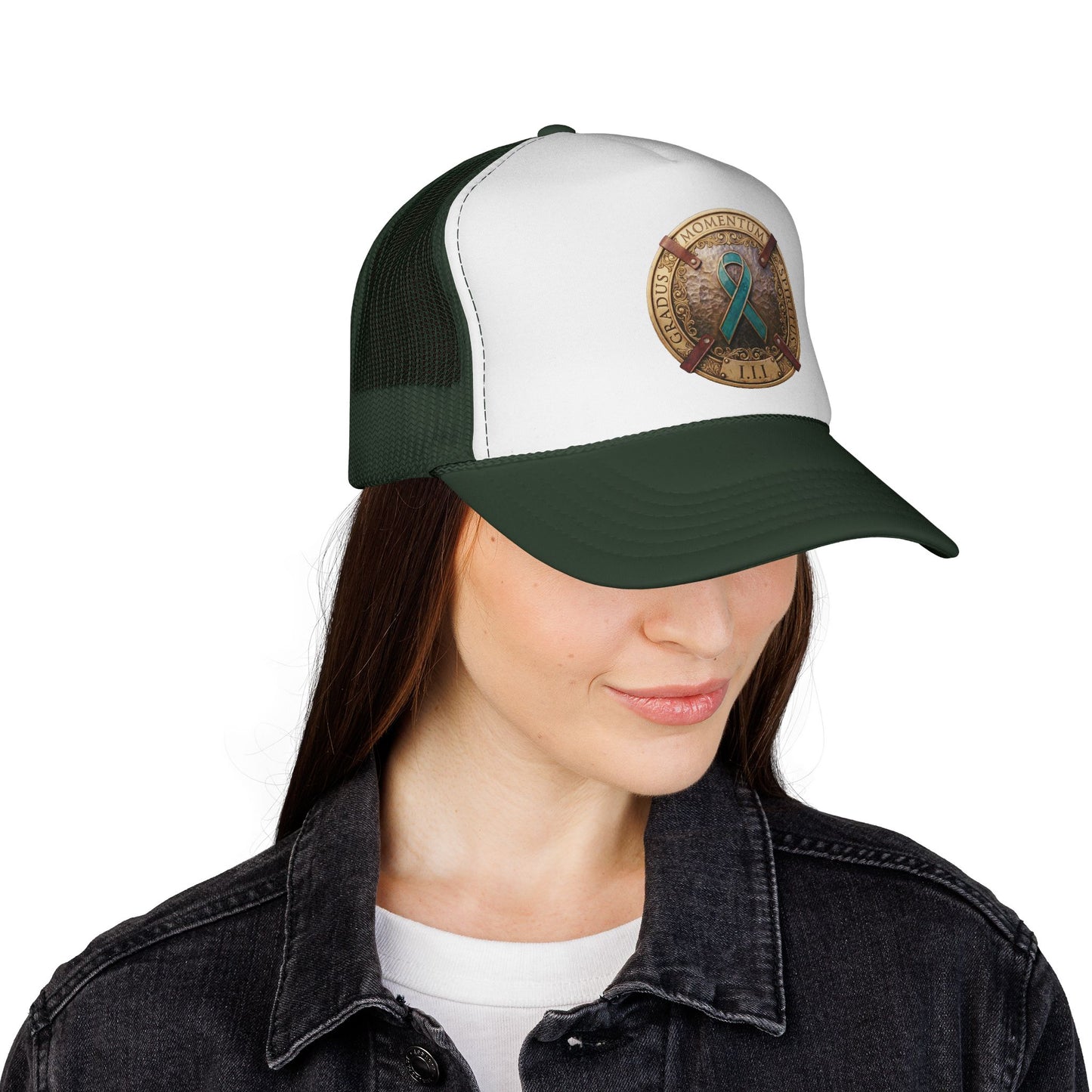 Trucker Hat: "1 Moment • 1 Breath • 1 Step" PTSD Awareness Teal Support Ribbon