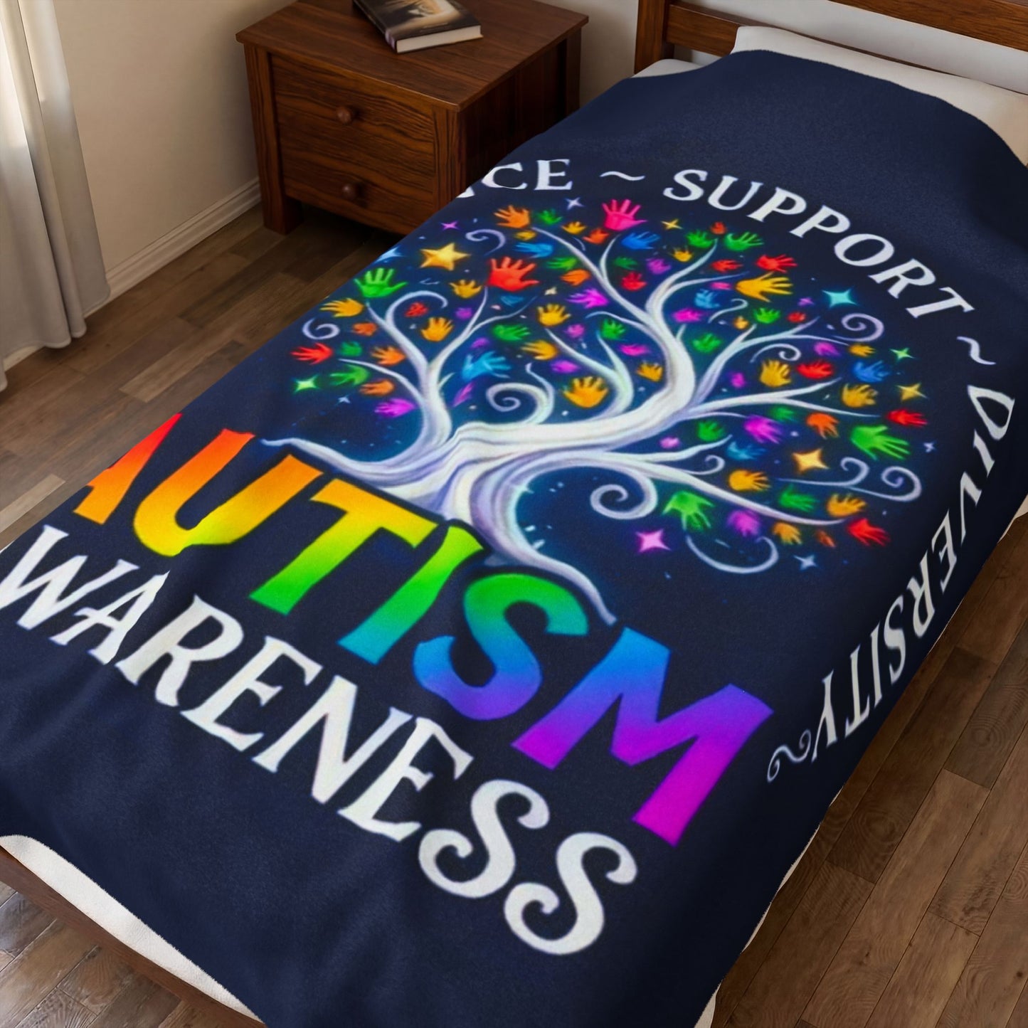 Autism Awareness Velveteen Plush Blanket "Acceptance • Support • Diversity" Rainbow Tree