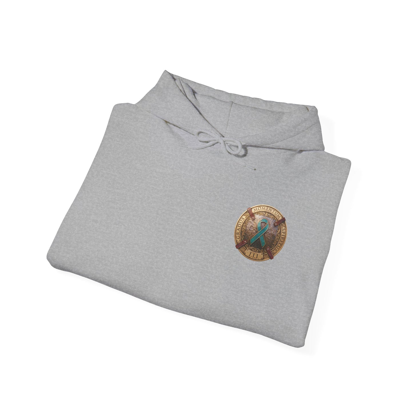 Pullover  Hoodie: "1 Momentum (Moment), 1 Spiritus (Breath), 1 Gradus (Step)" PTSD Awareness Teal Support Ribbon