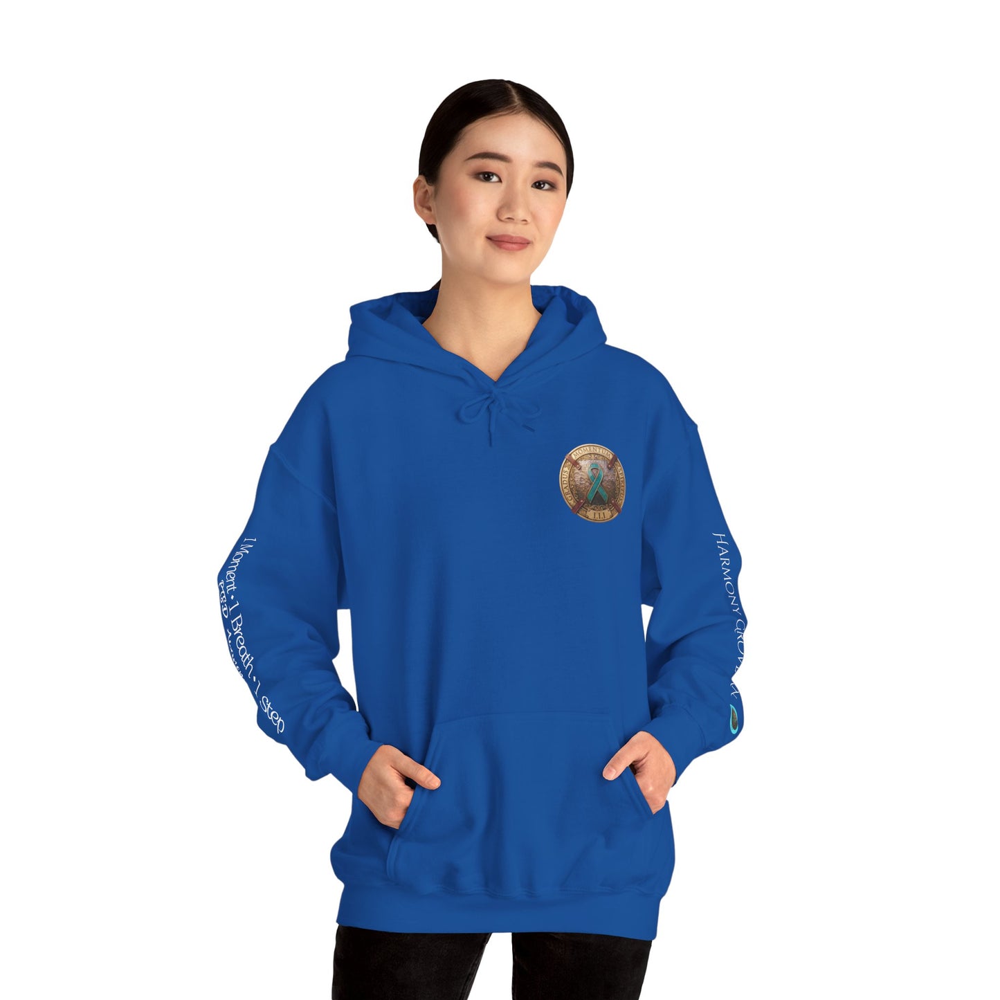 Pullover  Hoodie: "1 Momentum (Moment), 1 Spiritus (Breath), 1 Gradus (Step)" PTSD Awareness Teal Support Ribbon