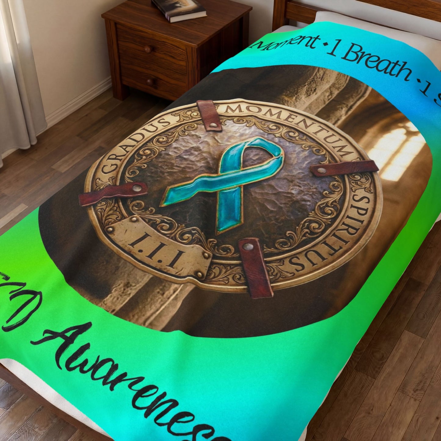 Velveteen Plush Blanket: "1 Moment • 1 Breath • 1 Step" PTSD Awareness Teal Ribbon Comfort Throw