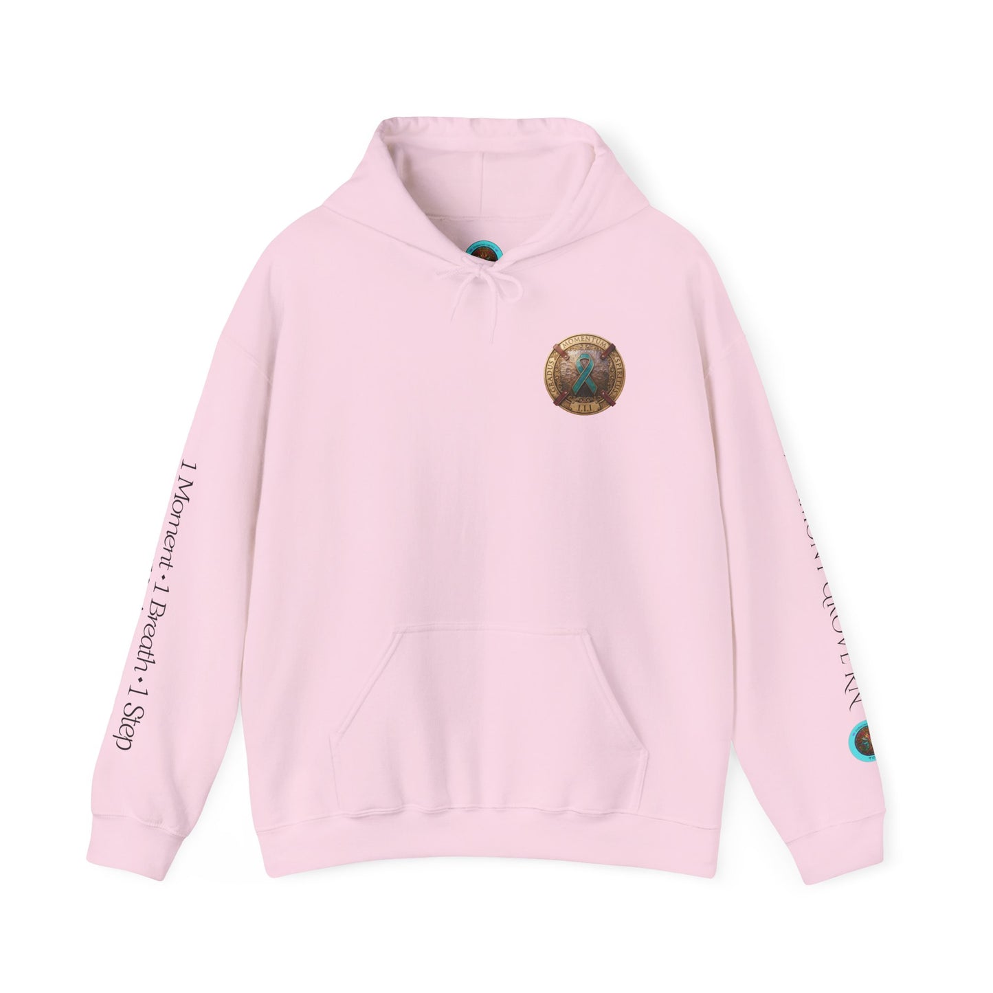 Pullover  Hoodie: "1 Momentum (Moment), 1 Spiritus (Breath), 1 Gradus (Step)" PTSD Awareness Teal Support Ribbon