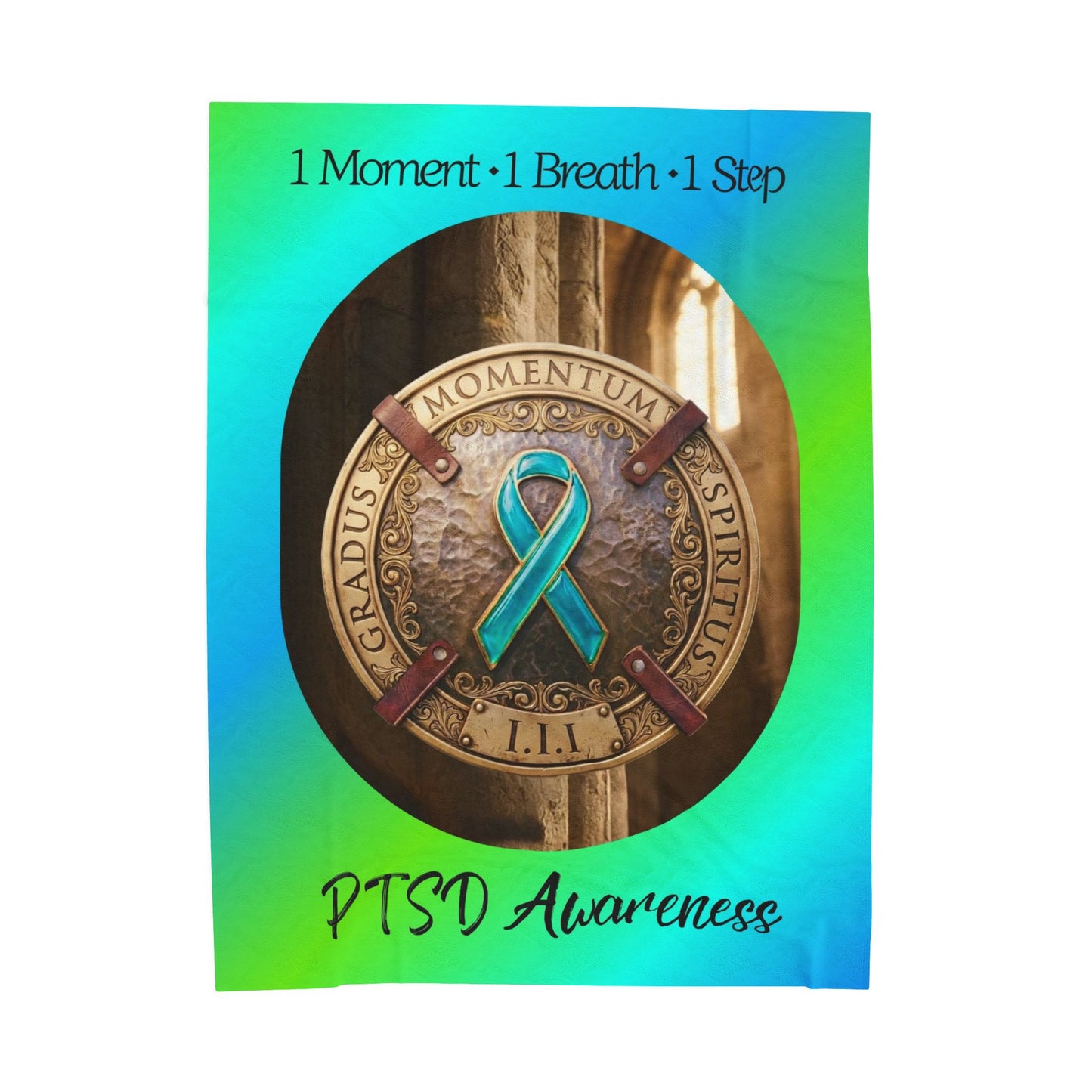 Velveteen Plush Blanket: "1 Moment • 1 Breath • 1 Step" PTSD Awareness Teal Ribbon Comfort Throw