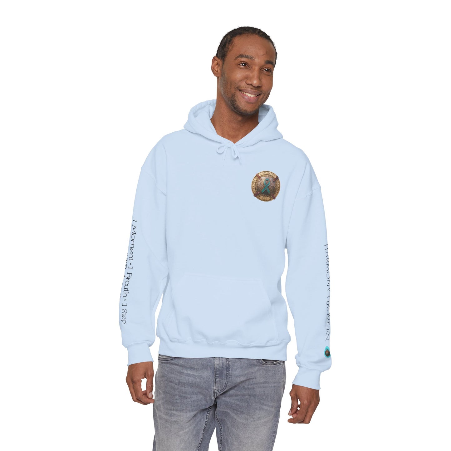 Pullover  Hoodie: "1 Momentum (Moment), 1 Spiritus (Breath), 1 Gradus (Step)" PTSD Awareness Teal Support Ribbon