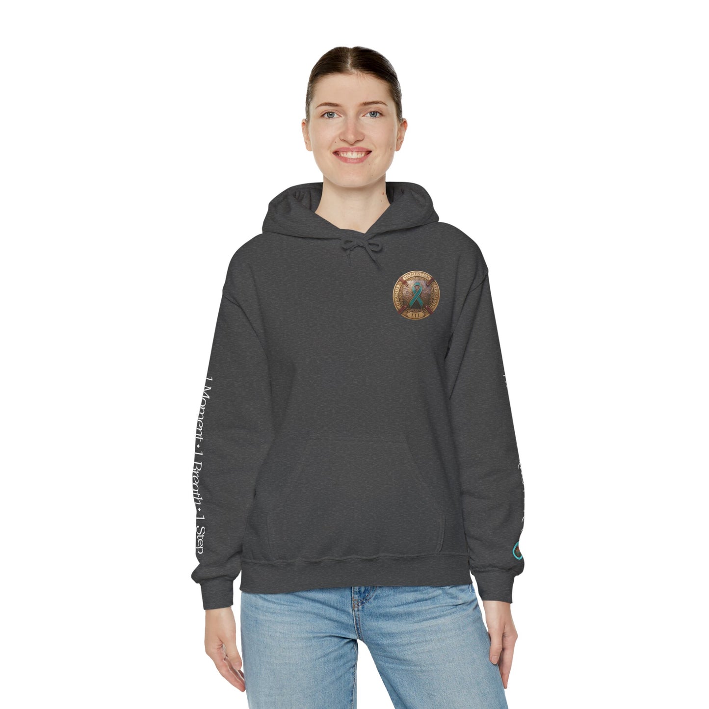 Pullover  Hoodie: "1 Momentum (Moment), 1 Spiritus (Breath), 1 Gradus (Step)" PTSD Awareness Teal Support Ribbon