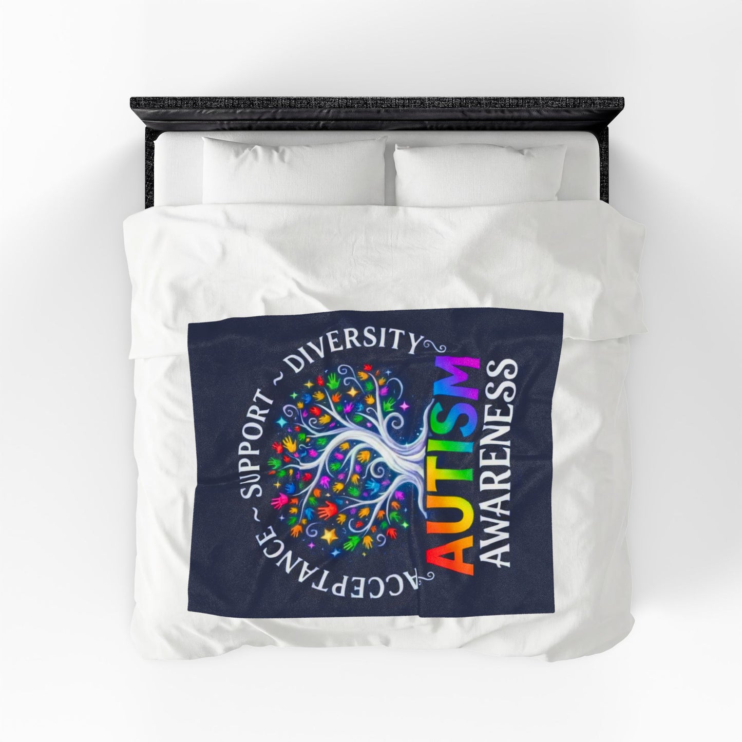Autism Awareness Velveteen Plush Blanket "Acceptance • Support • Diversity" Rainbow Tree