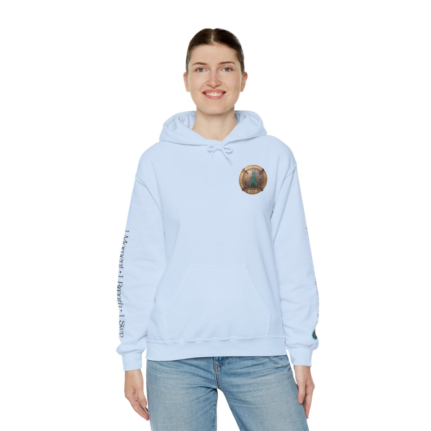 Pullover  Hoodie: "1 Momentum (Moment), 1 Spiritus (Breath), 1 Gradus (Step)" PTSD Awareness Teal Support Ribbon