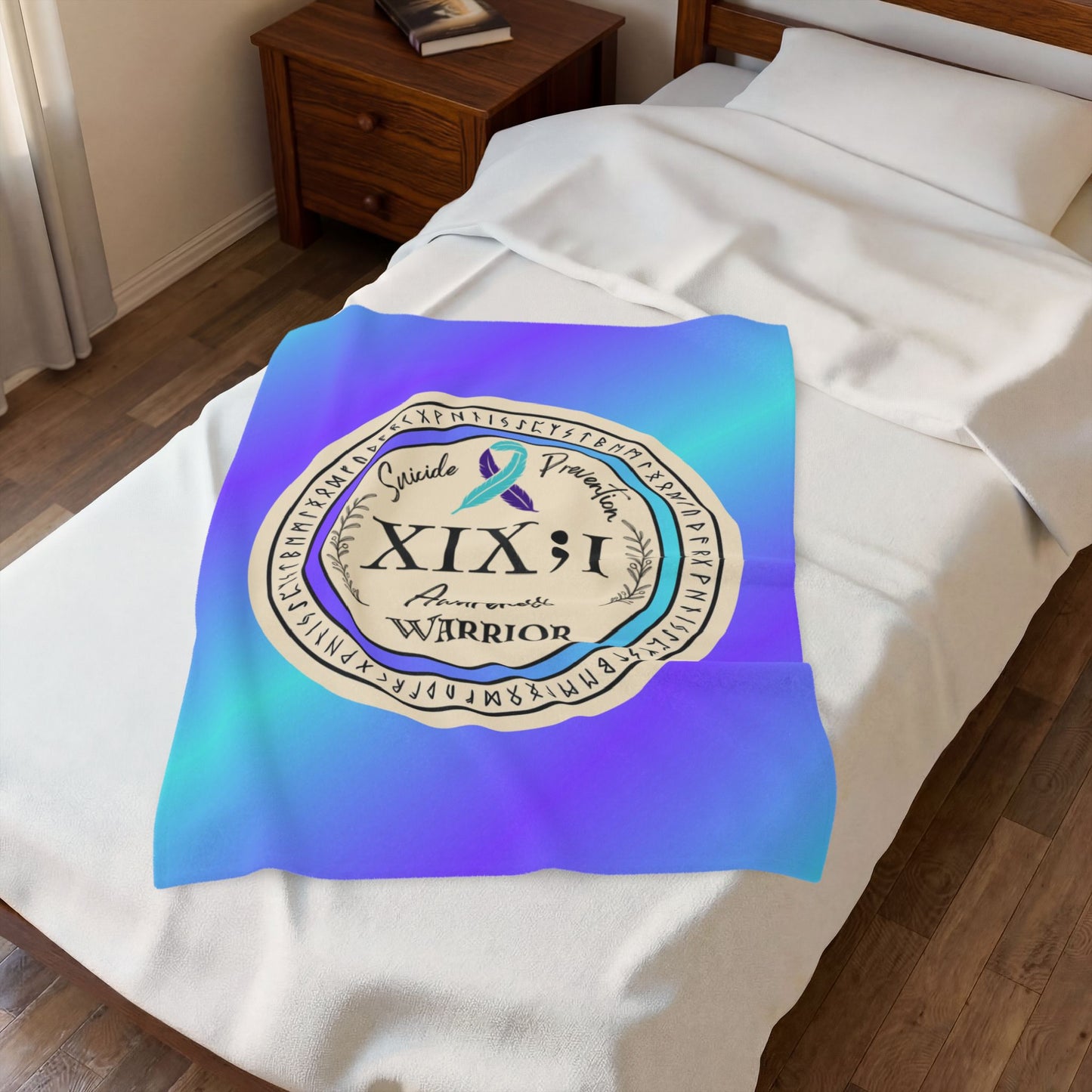 Velveteen Plush Blanket: Vibrant Suicide Awareness Warrior XIX;I Teal & Purple Support Ribbon