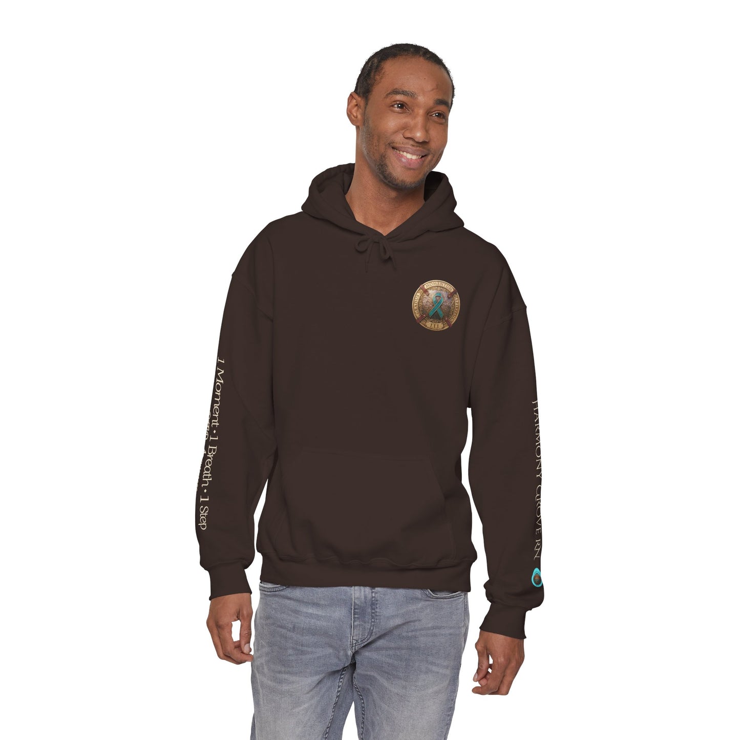 Pullover  Hoodie: "1 Momentum (Moment), 1 Spiritus (Breath), 1 Gradus (Step)" PTSD Awareness Teal Support Ribbon