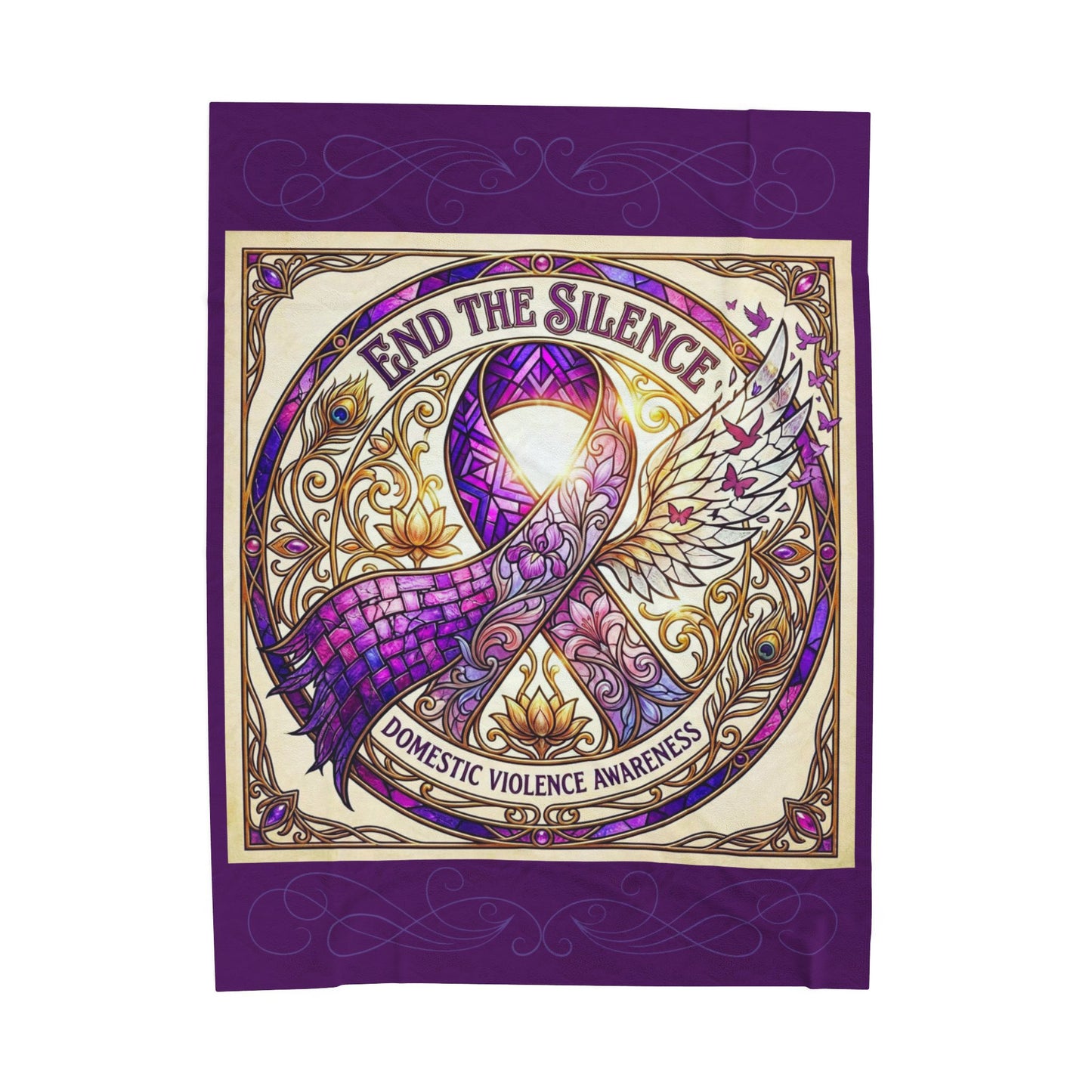 Domestic Violence Awareness Velveteen Plush Blanket:"End the Silence" Purple Ribbon Throw