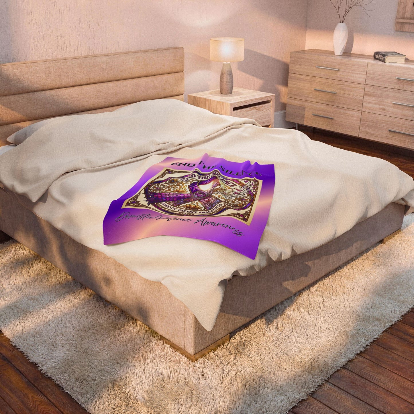 Velveteen Plush Blanket: "End The Silence" Domestic Violence Awareness Purple Support Ribbon