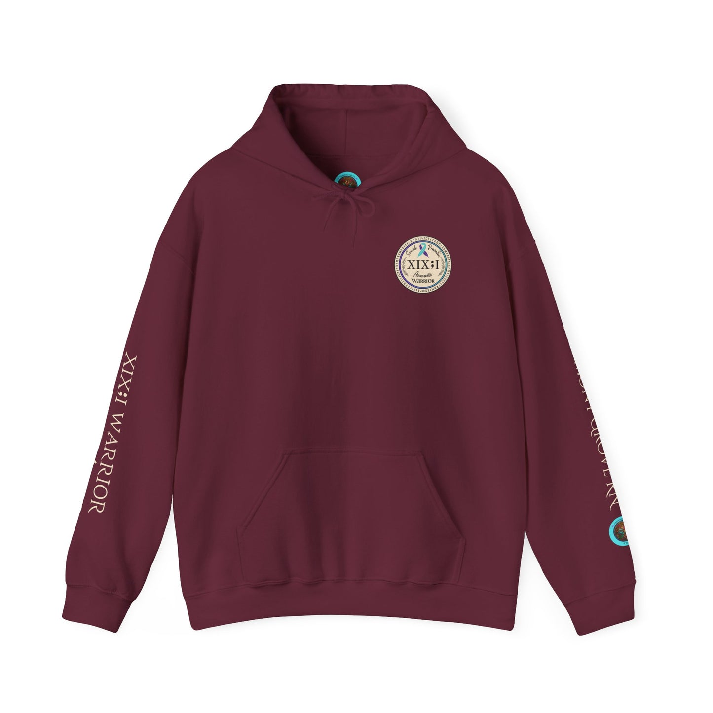 Pullover Hoodie: Suicide Awareness Warrior (XIX;I) Teal & Purple Support Ribbon