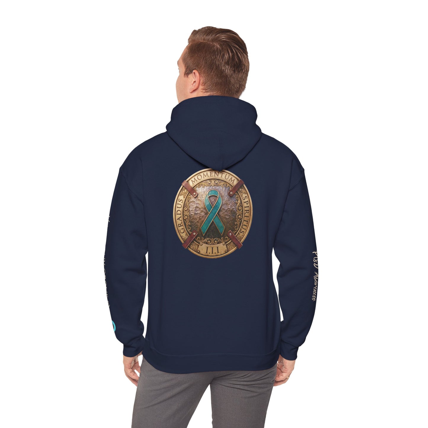 Pullover  Hoodie: "1 Momentum (Moment), 1 Spiritus (Breath), 1 Gradus (Step)" PTSD Awareness Teal Support Ribbon