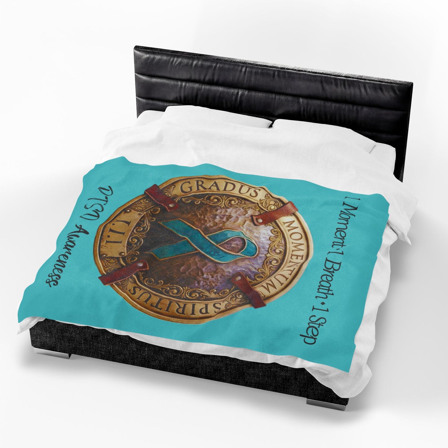 Velveteen Plush Blanket: "1 Moment • 1 Breath • 1 Step" PTSD Awareness Teal Ribbon Comfort Throw