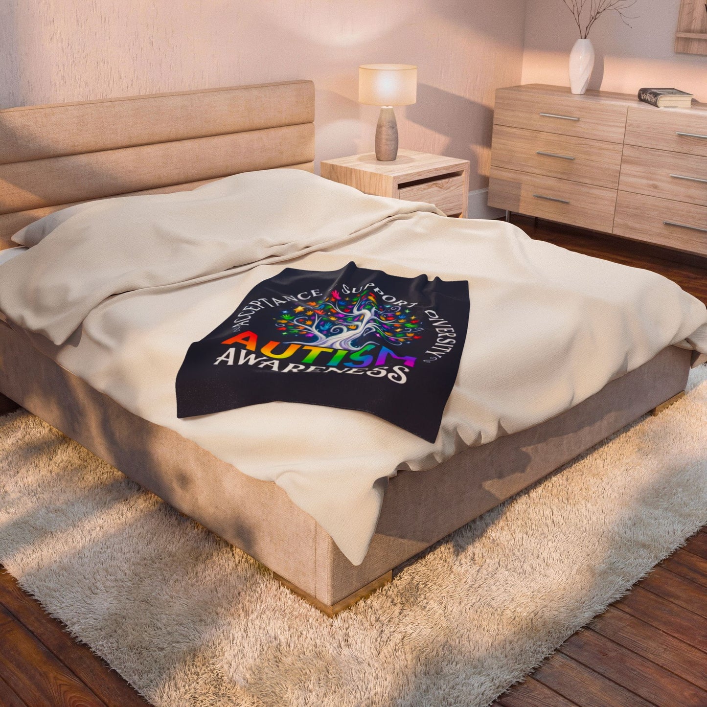 Autism Awareness Velveteen Plush Blanket "Acceptance • Support • Diversity" Rainbow Tree