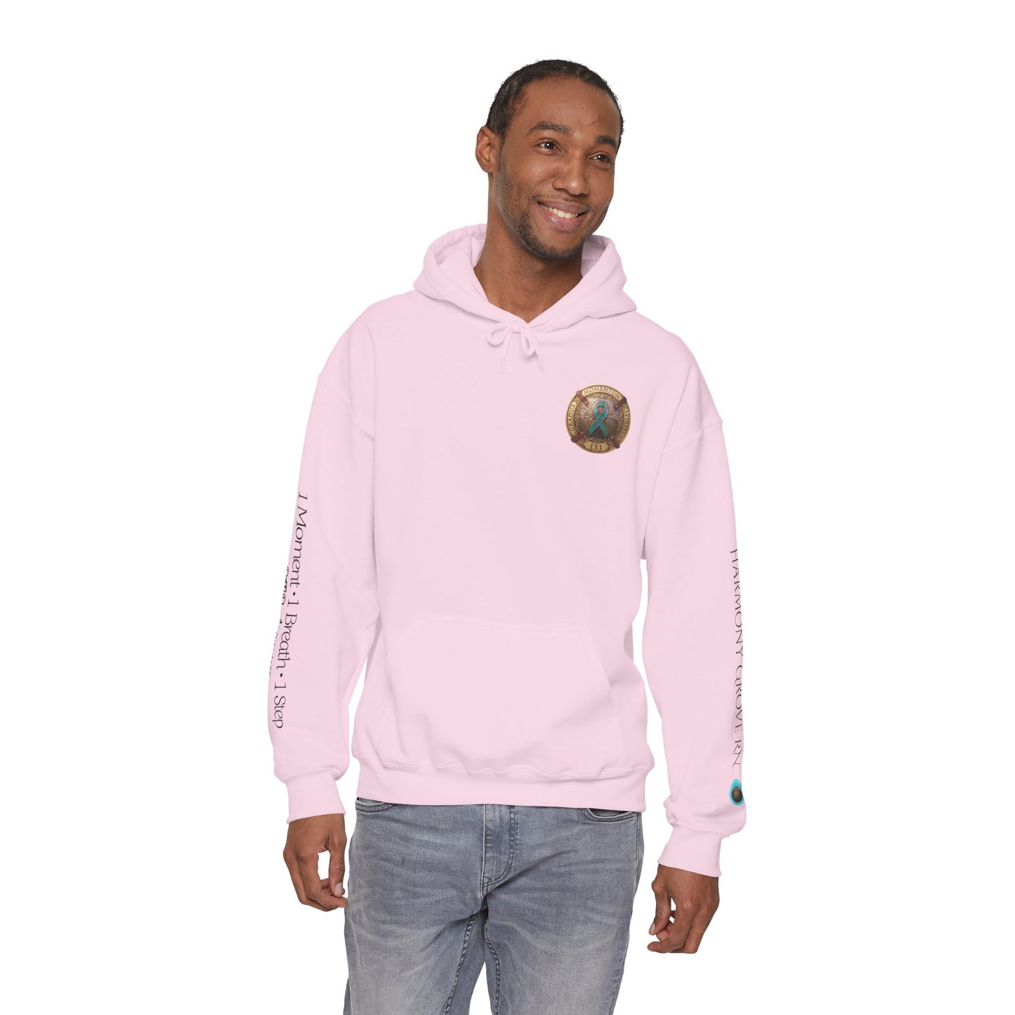 Pullover  Hoodie: "1 Momentum (Moment), 1 Spiritus (Breath), 1 Gradus (Step)" PTSD Awareness Teal Support Ribbon