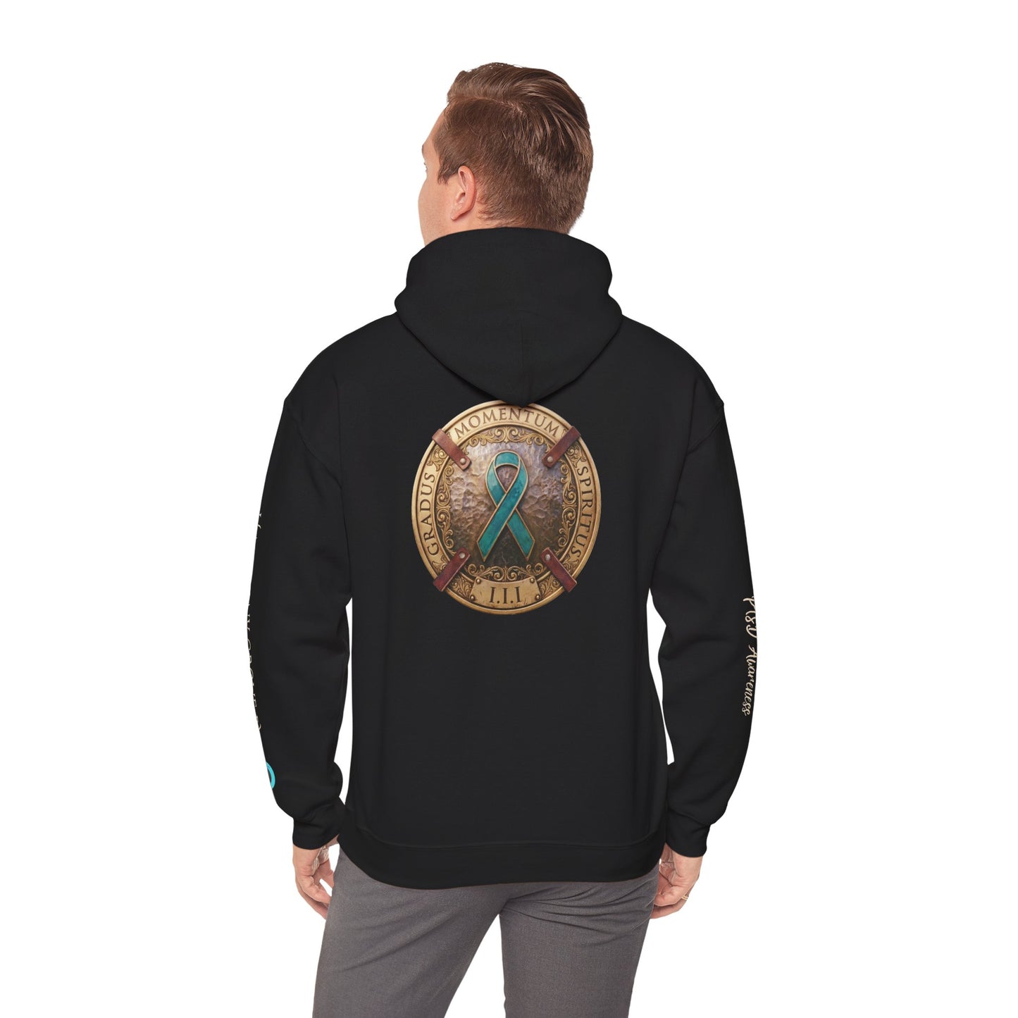 Pullover  Hoodie: "1 Momentum (Moment), 1 Spiritus (Breath), 1 Gradus (Step)" PTSD Awareness Teal Support Ribbon