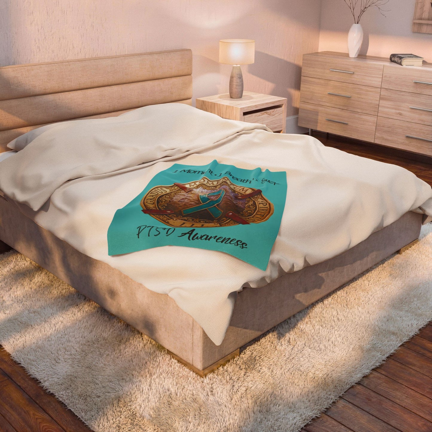 Velveteen Plush Blanket: "1 Moment • 1 Breath • 1 Step" PTSD Awareness Teal Ribbon Comfort Throw