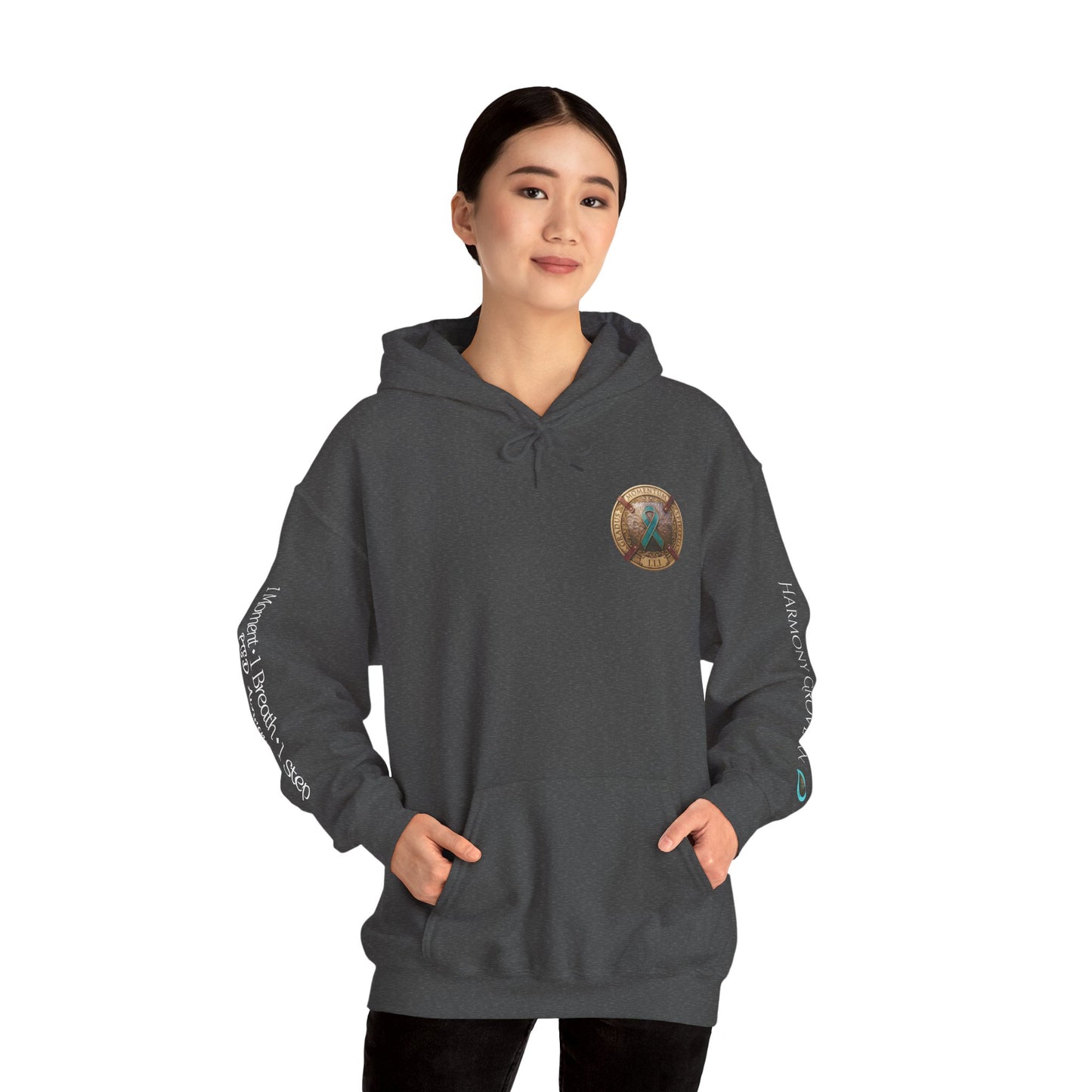 Pullover  Hoodie: "1 Momentum (Moment), 1 Spiritus (Breath), 1 Gradus (Step)" PTSD Awareness Teal Support Ribbon