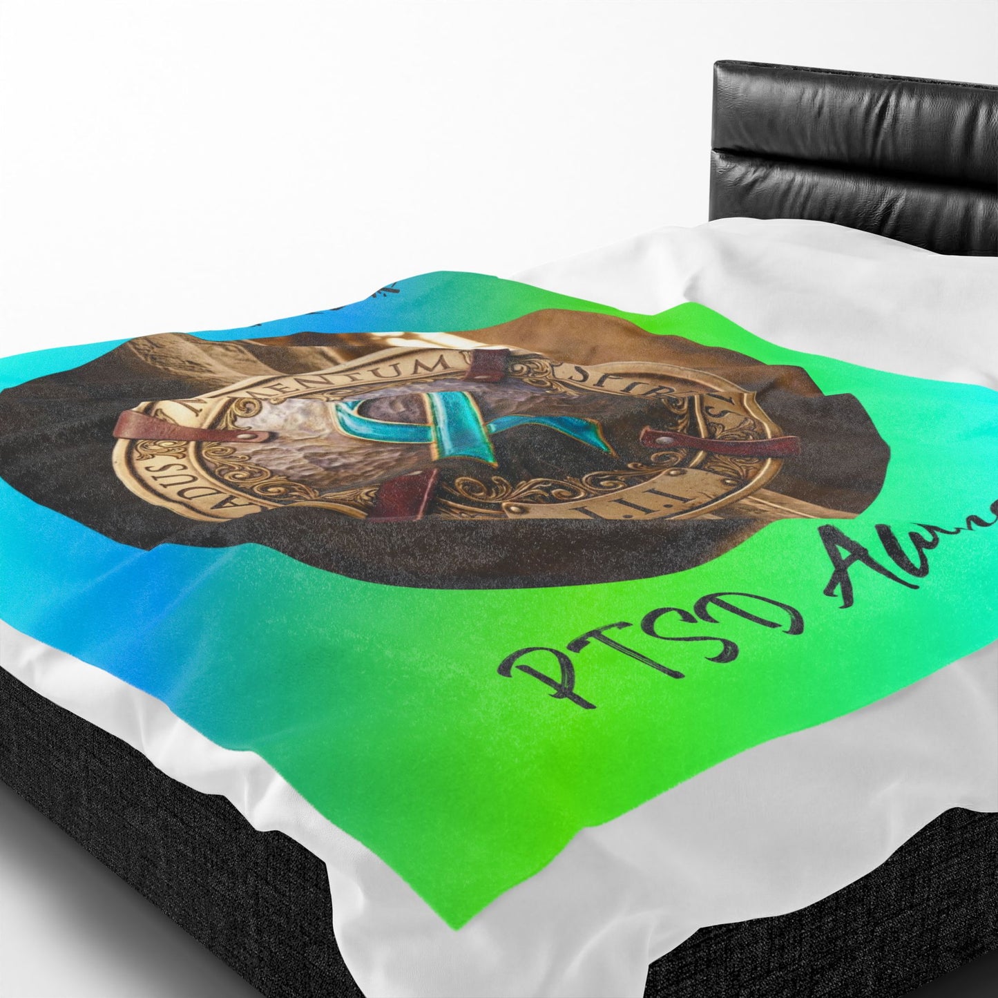 Velveteen Plush Blanket: "1 Moment • 1 Breath • 1 Step" PTSD Awareness Teal Ribbon Comfort Throw
