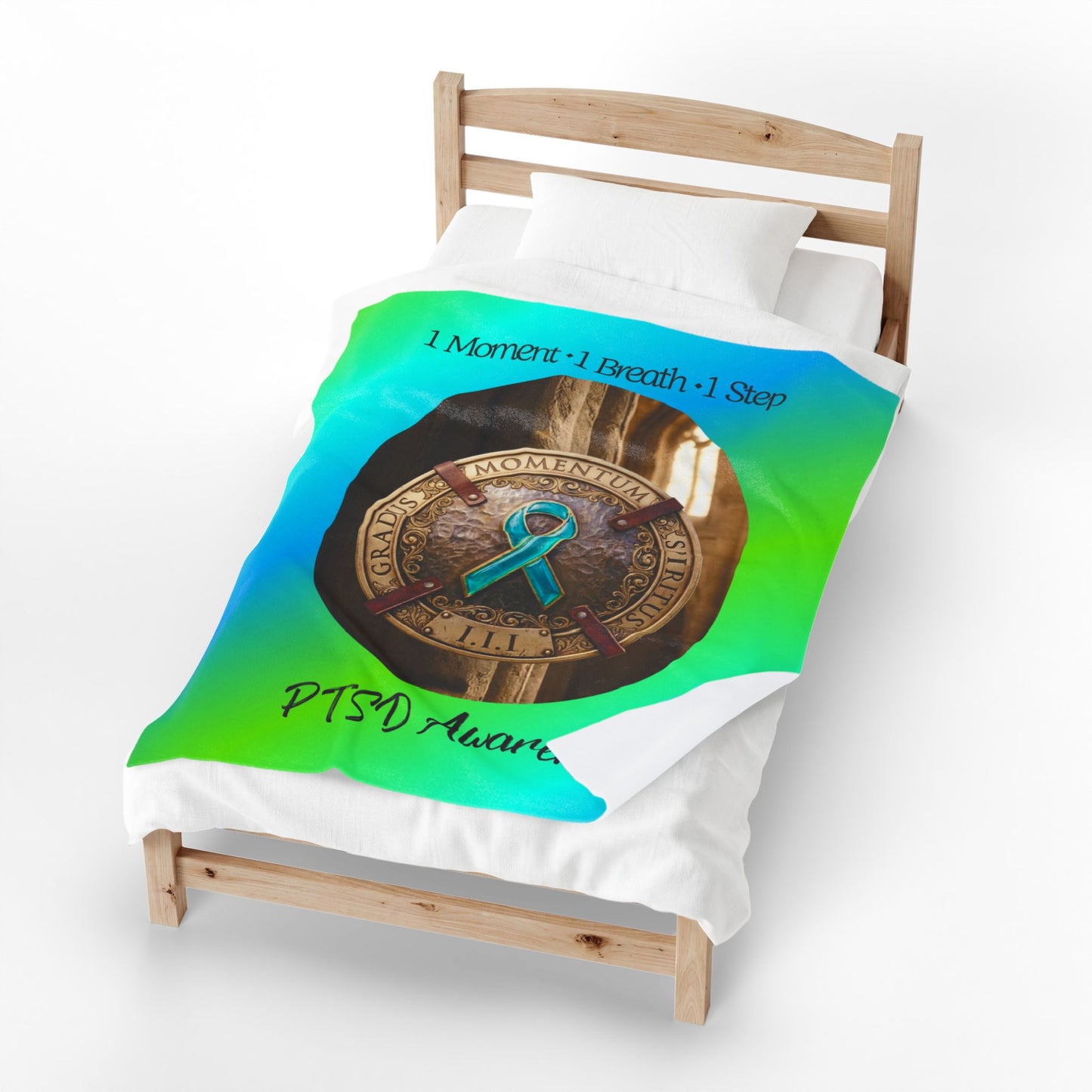 Velveteen Plush Blanket: "1 Moment • 1 Breath • 1 Step" PTSD Awareness Teal Ribbon Comfort Throw