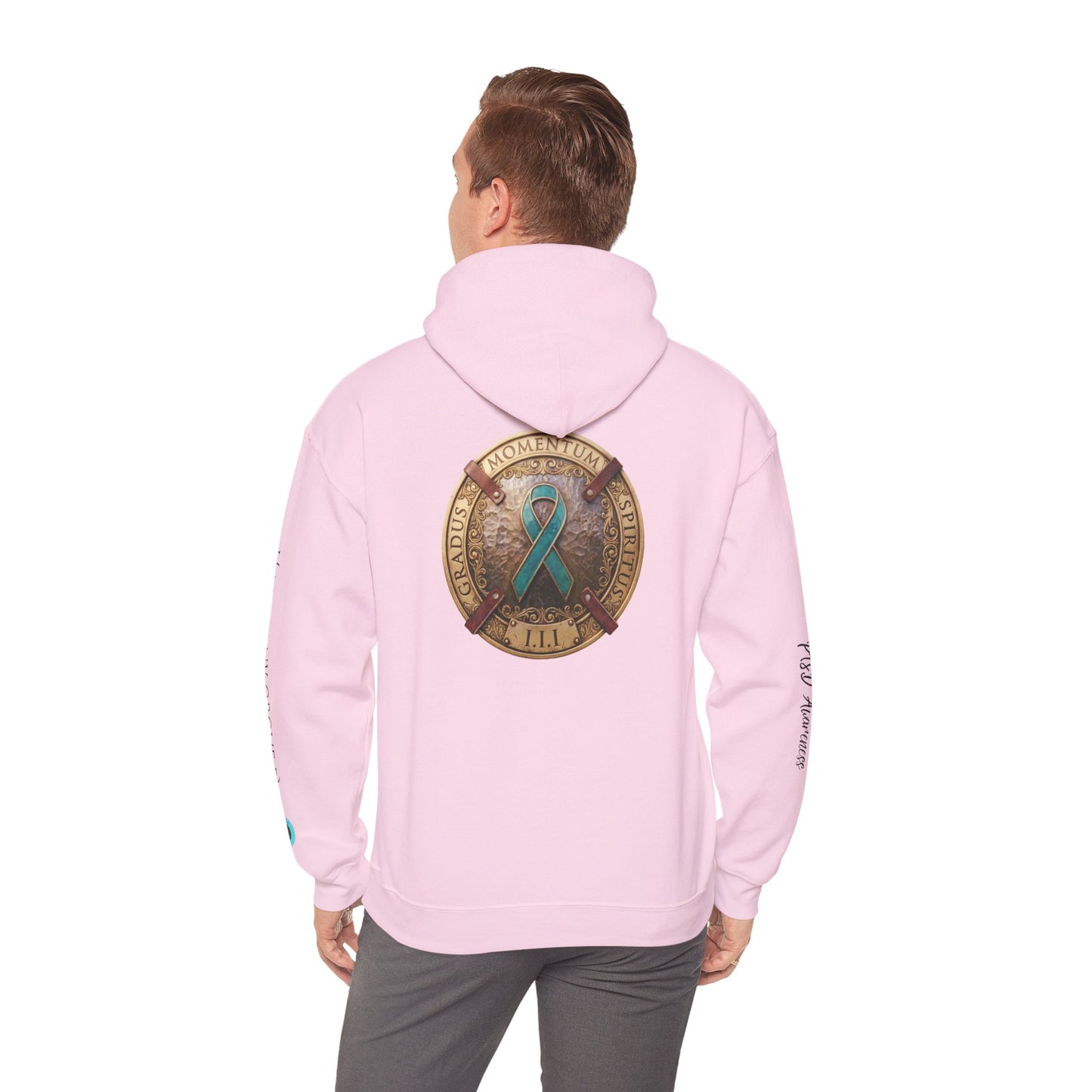 Pullover  Hoodie: "1 Momentum (Moment), 1 Spiritus (Breath), 1 Gradus (Step)" PTSD Awareness Teal Support Ribbon