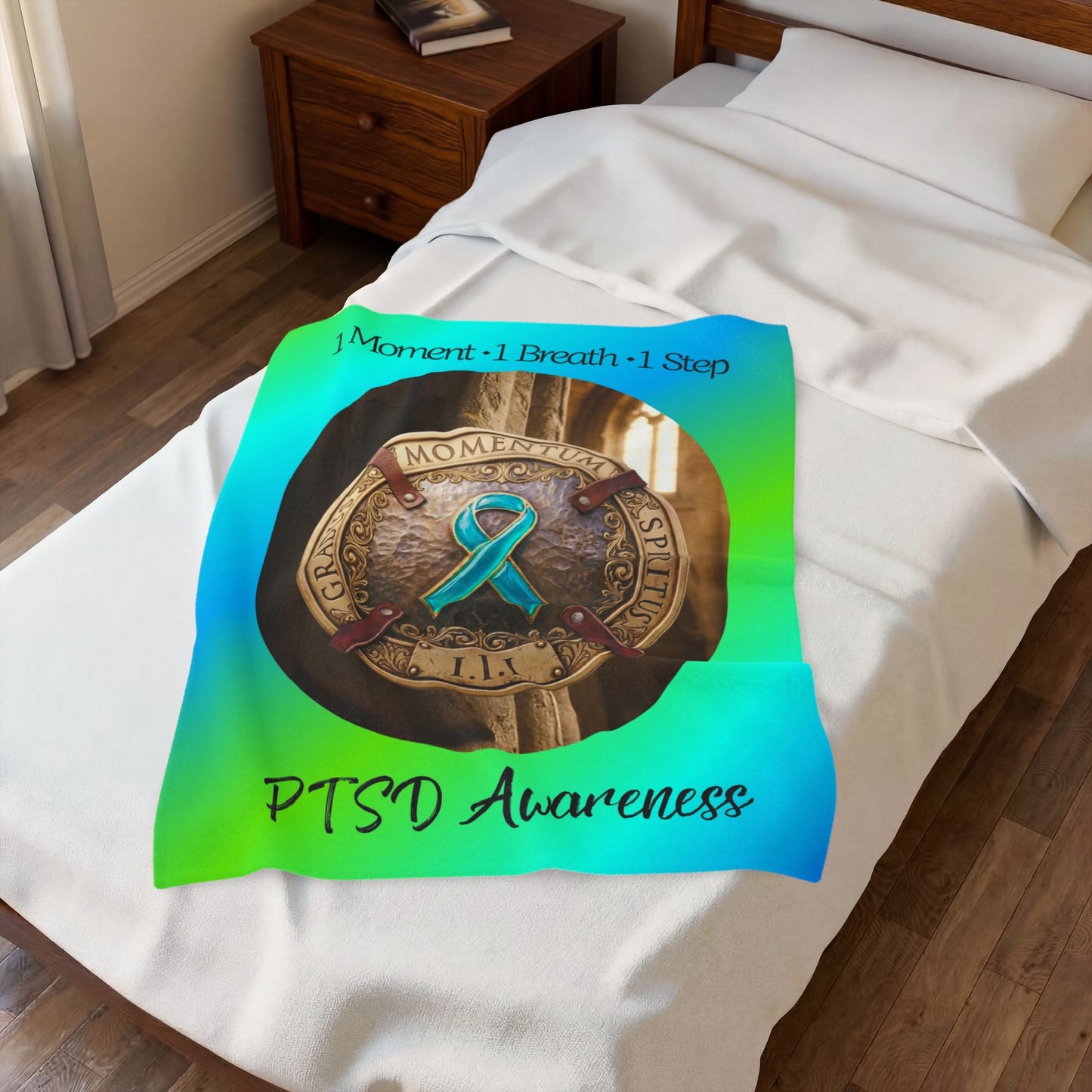 Velveteen Plush Blanket: "1 Moment • 1 Breath • 1 Step" PTSD Awareness Teal Ribbon Comfort Throw