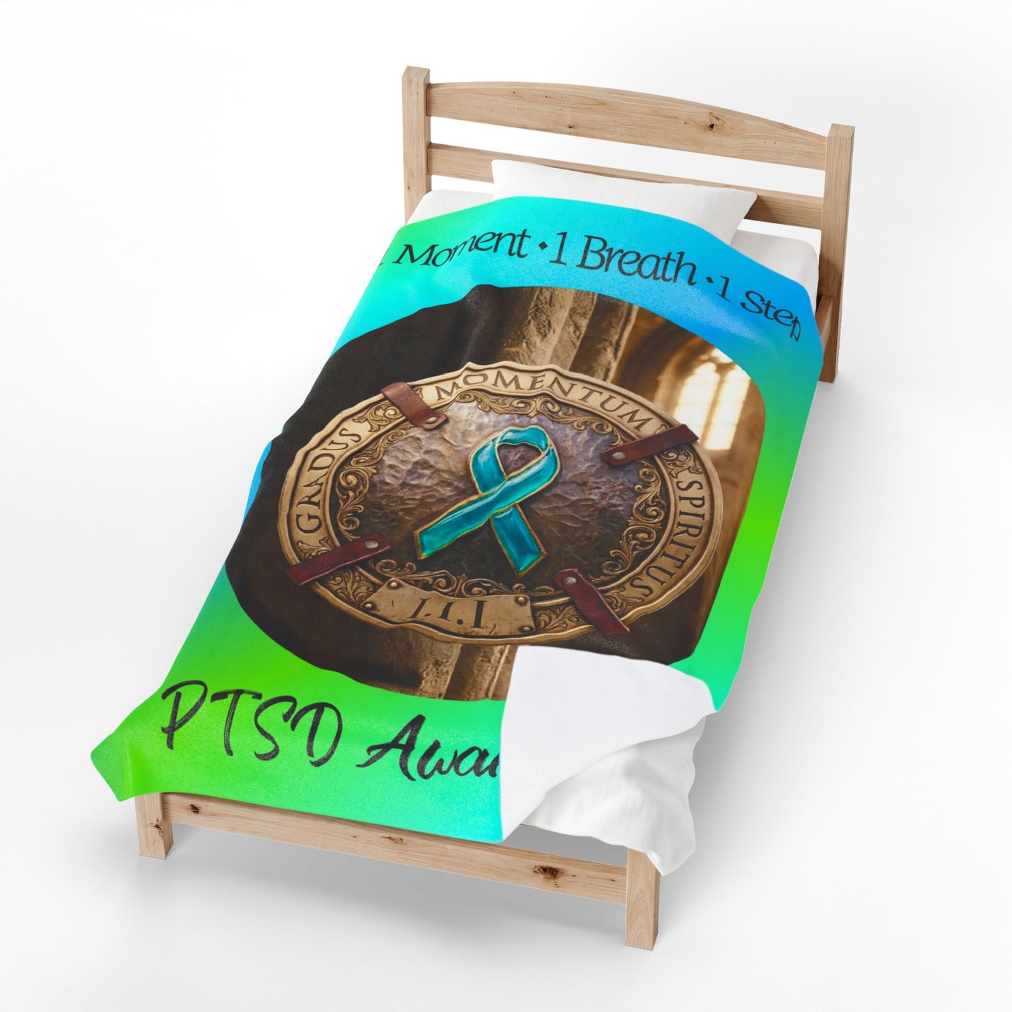 Velveteen Plush Blanket: "1 Moment • 1 Breath • 1 Step" PTSD Awareness Teal Ribbon Comfort Throw