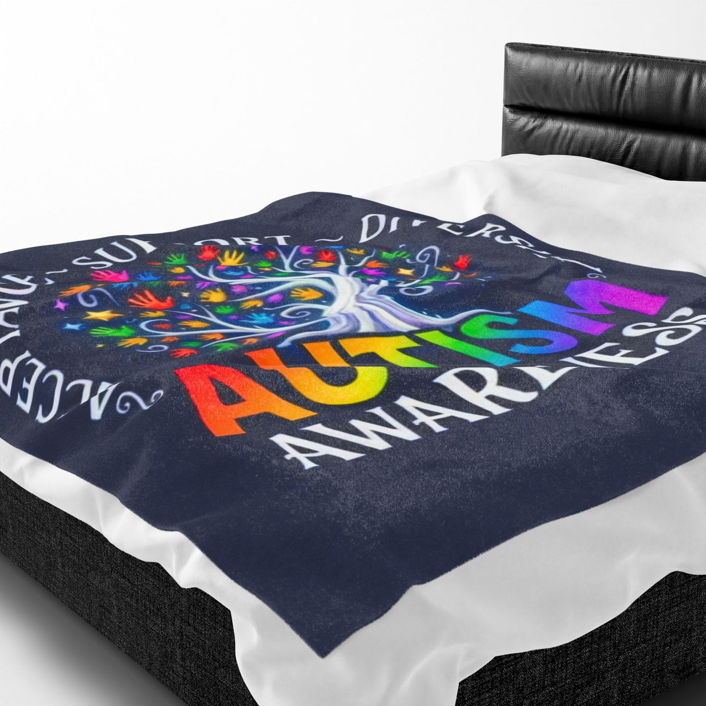 Autism Awareness Velveteen Plush Blanket "Acceptance • Support • Diversity" Rainbow Tree