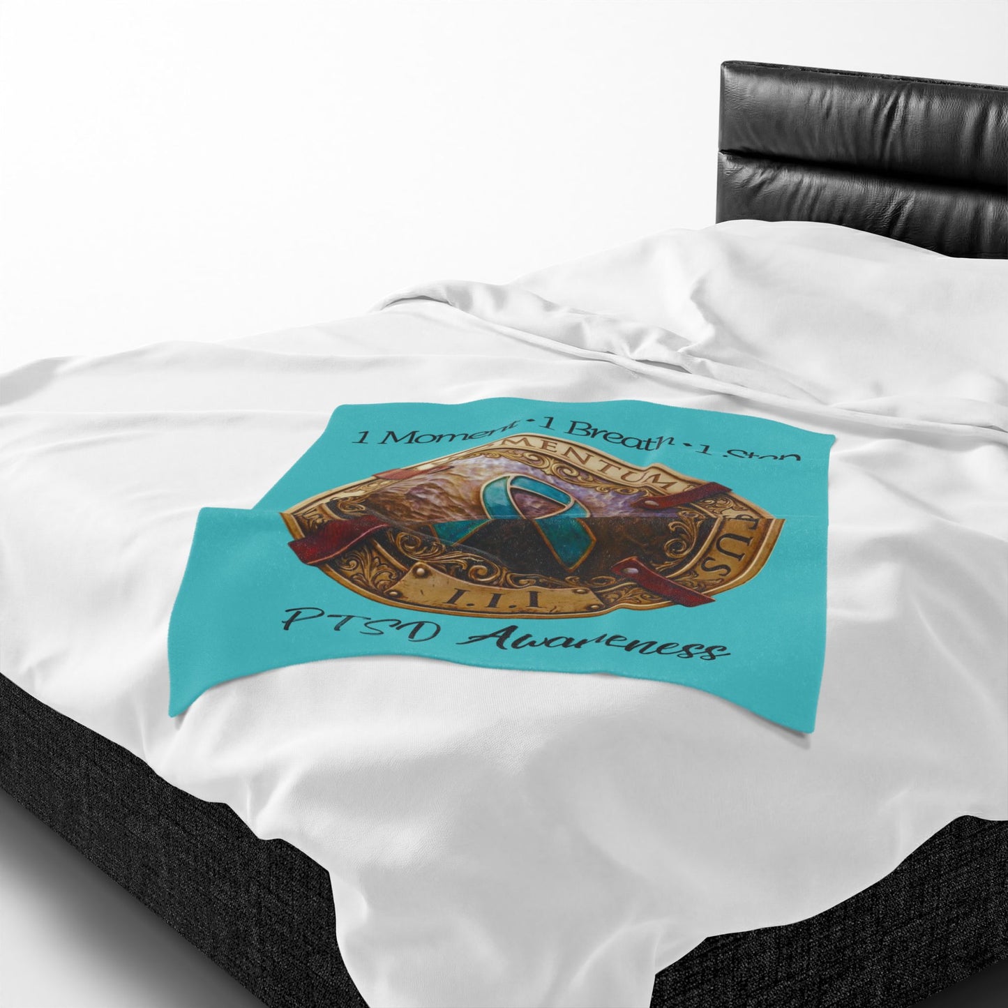 Velveteen Plush Blanket: "1 Moment • 1 Breath • 1 Step" PTSD Awareness Teal Ribbon Comfort Throw