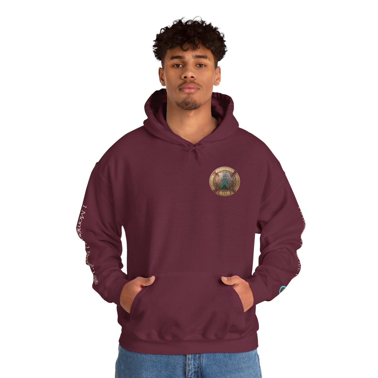 Pullover  Hoodie: "1 Momentum (Moment), 1 Spiritus (Breath), 1 Gradus (Step)" PTSD Awareness Teal Support Ribbon