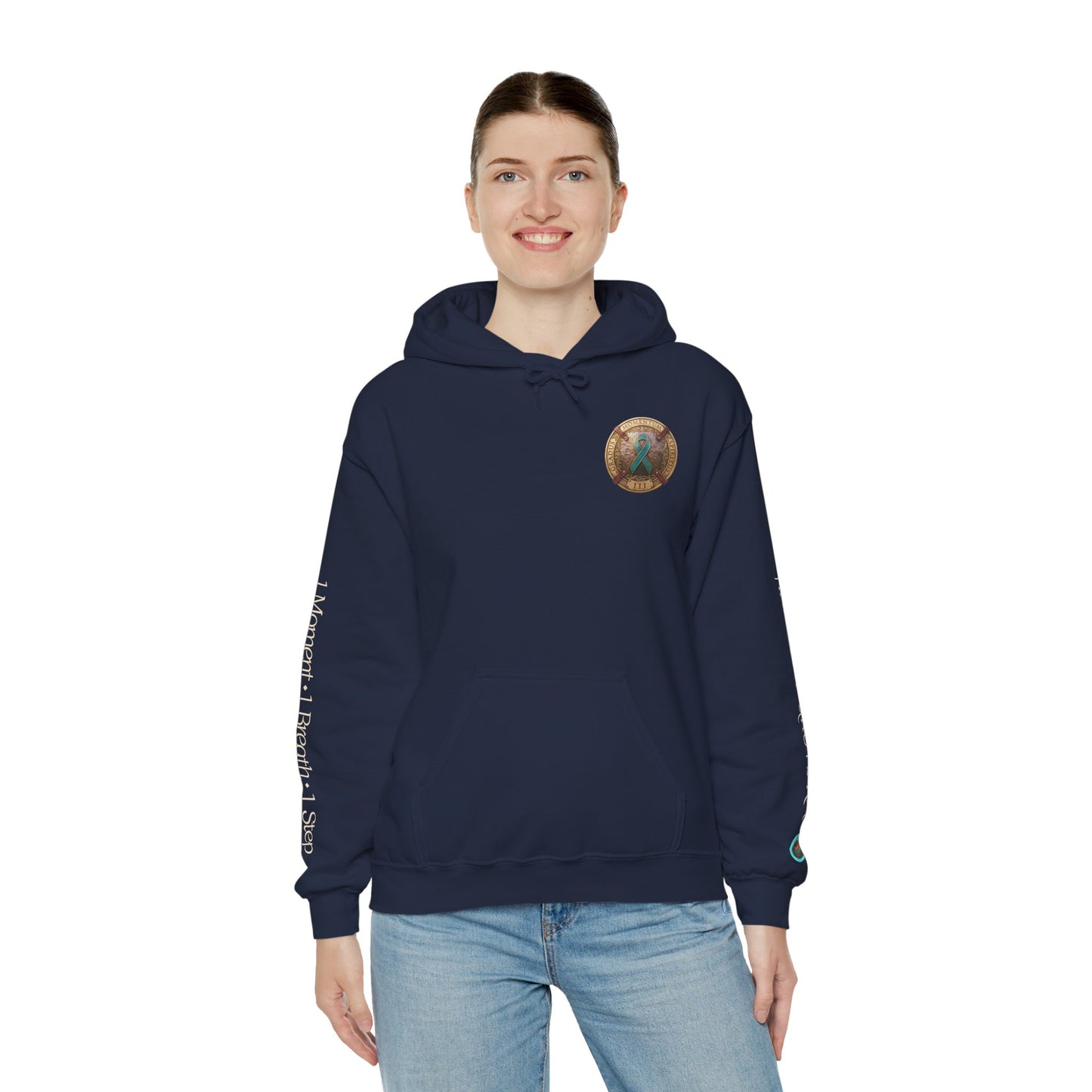 Pullover  Hoodie: "1 Momentum (Moment), 1 Spiritus (Breath), 1 Gradus (Step)" PTSD Awareness Teal Support Ribbon