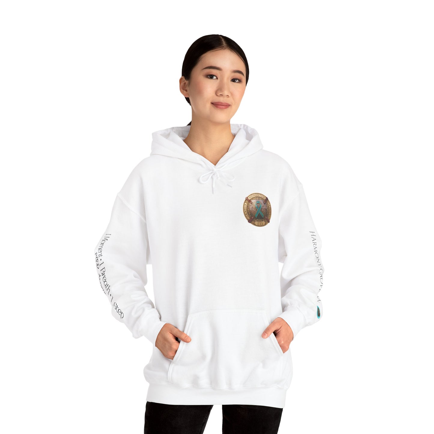 Pullover  Hoodie: "1 Momentum (Moment), 1 Spiritus (Breath), 1 Gradus (Step)" PTSD Awareness Teal Support Ribbon